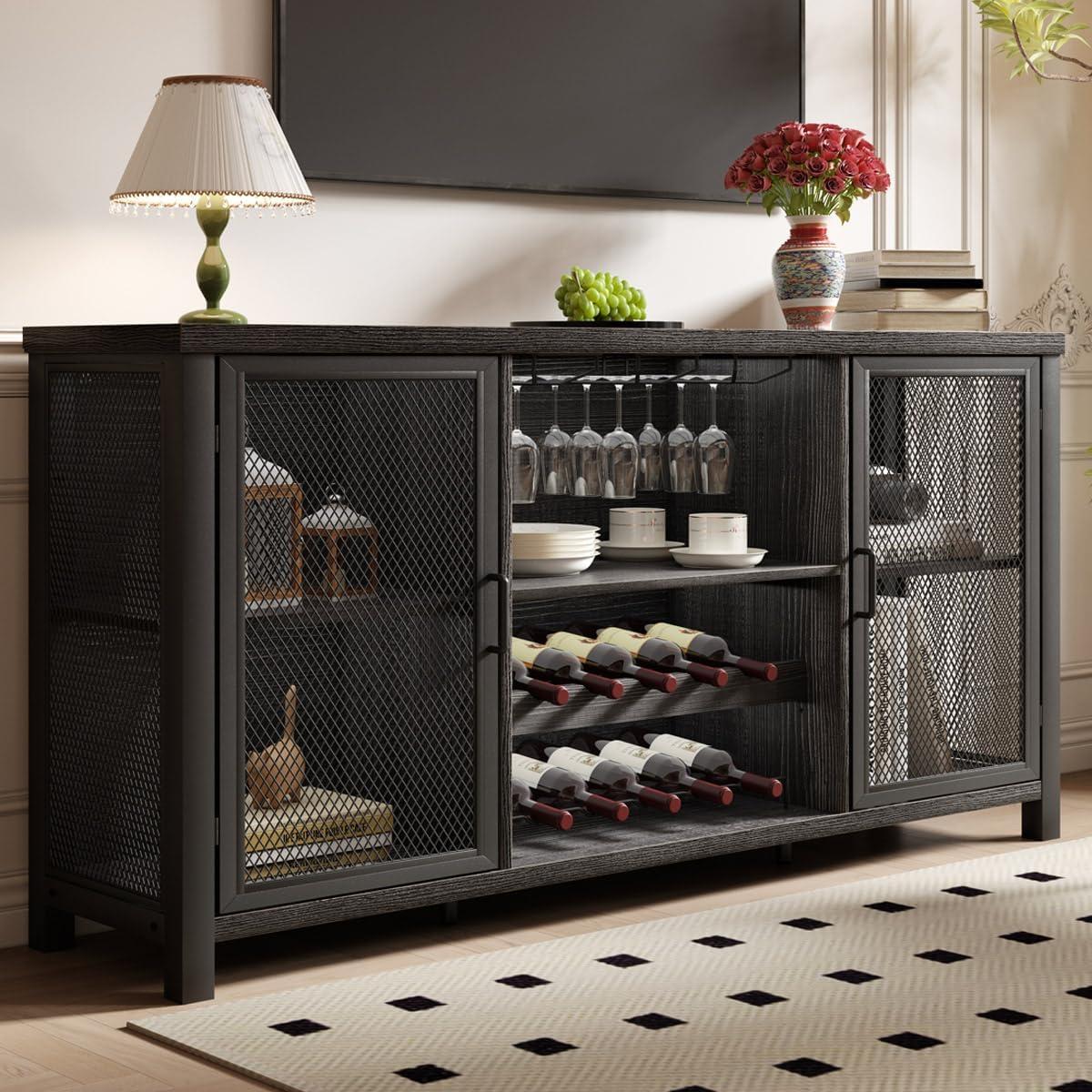 Industrial Dark Gray Oak Bar Cabinet with Mesh Doors and Storage Rack