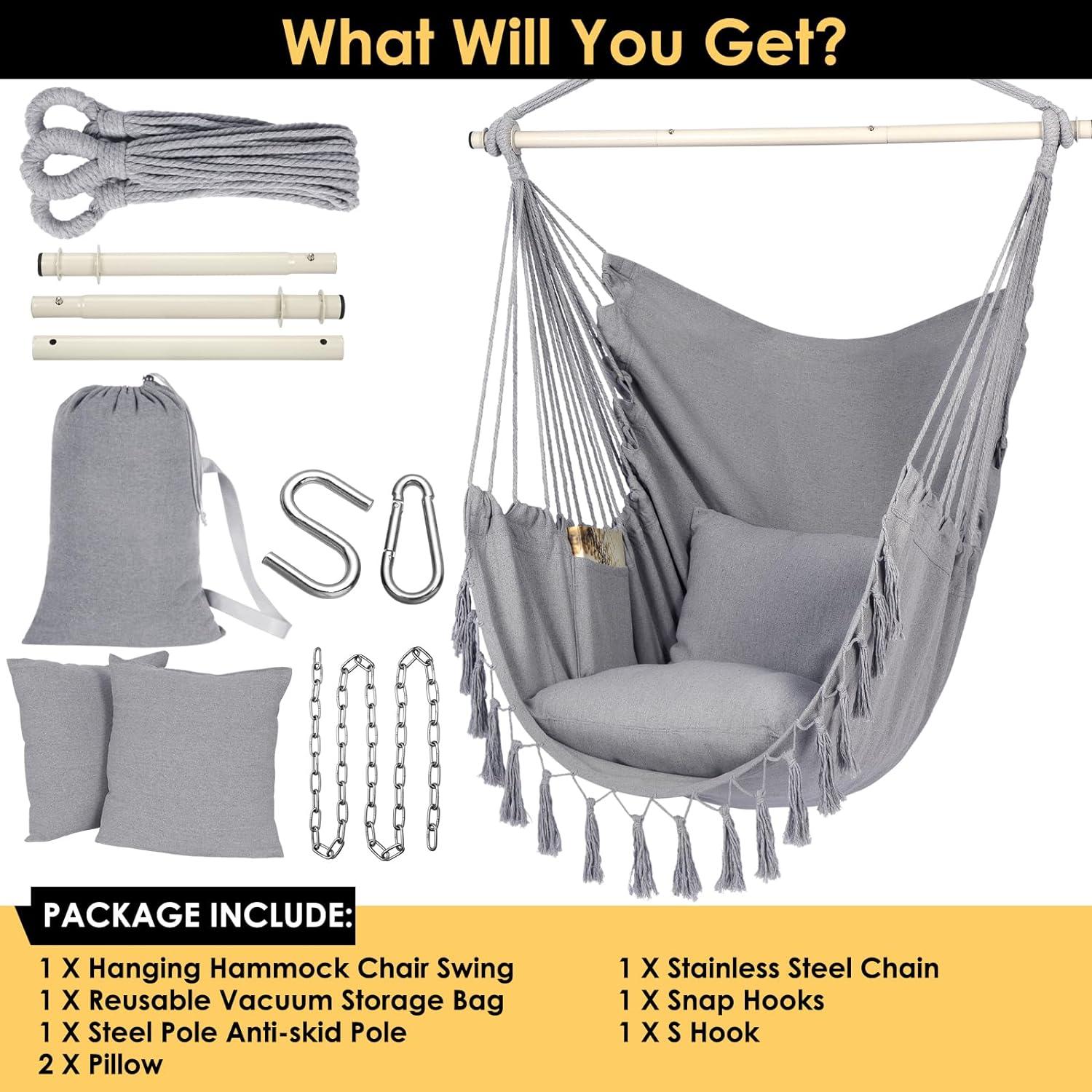 Light Gray Cotton Hanging Chair with Cushions and Pocket