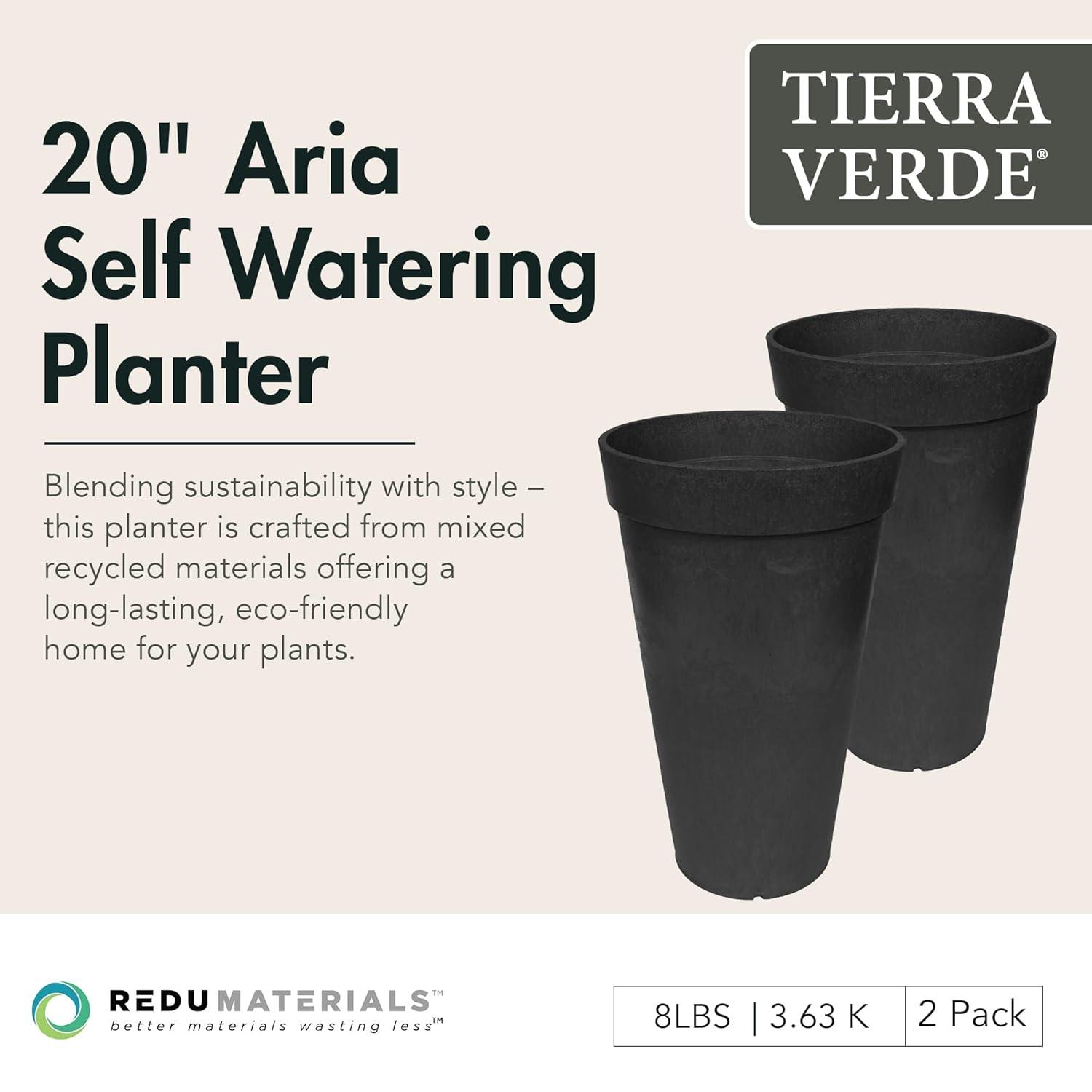 Tierra Verde 2 Pack Aria Indoor/Outdoor Self Watering Tall Round Planter, Weatherproof for Patio, Garden, and Porch Use, 12.5"W x 20"H, Black