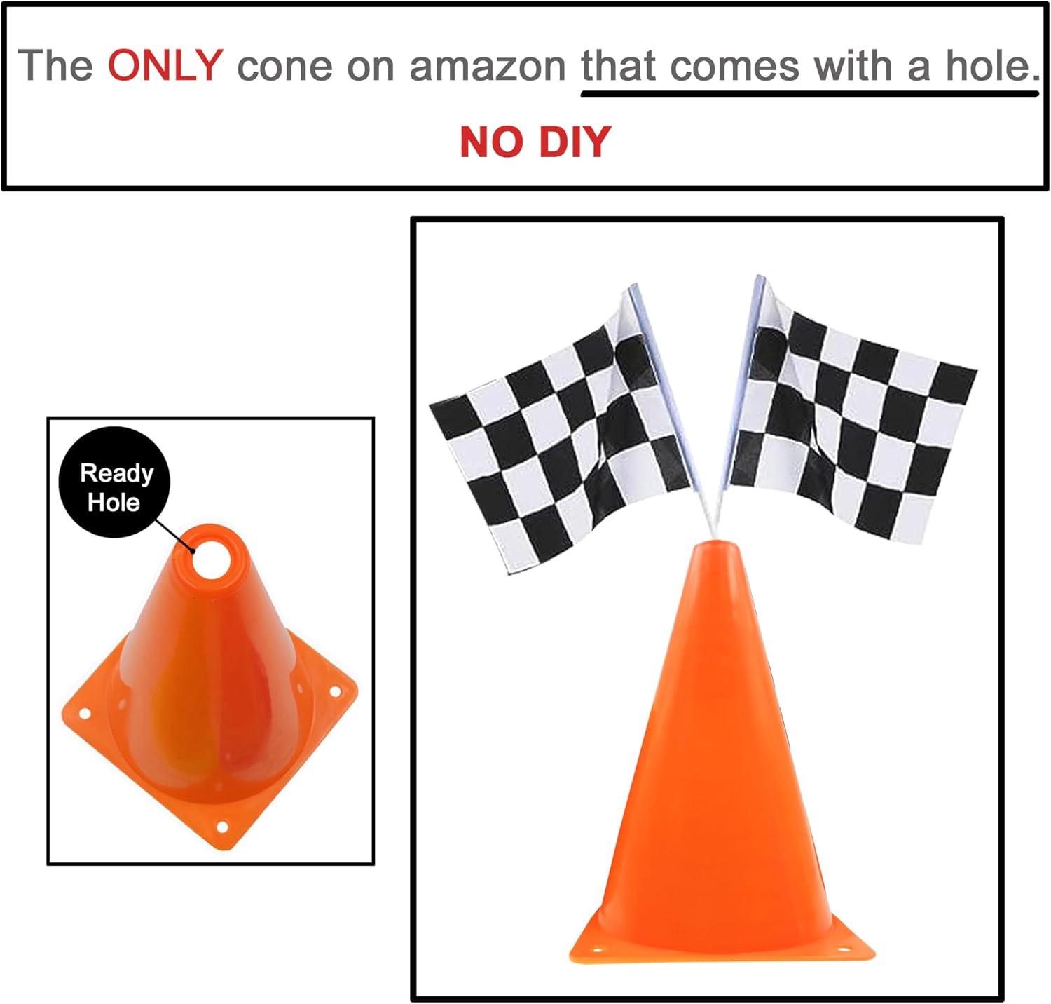 6 Pack 7inch Orange Race Cones with Holes on Top,12 Pack Checkered Flags,Racing Car Birthday Party Decorations,Two Fast Centerpieces,Race Cars Themed Party Supplies
