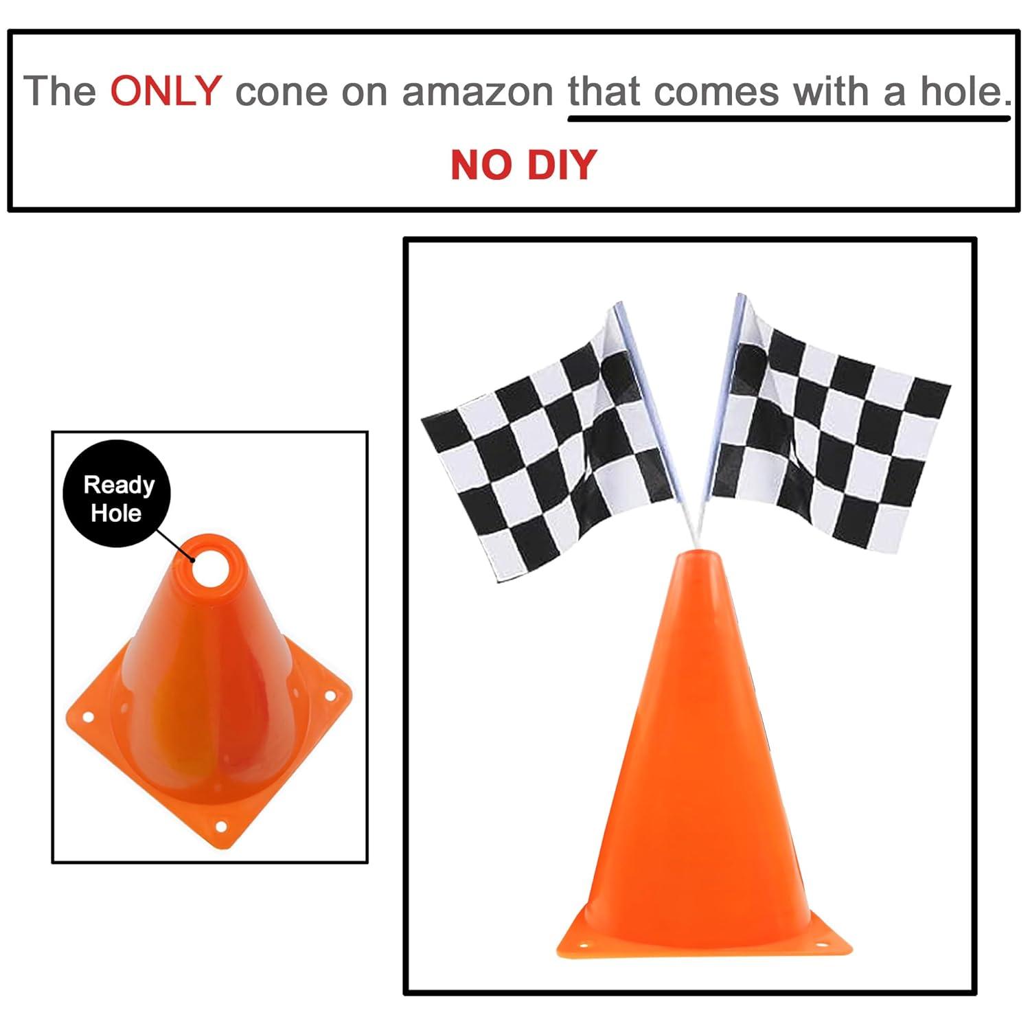 6 Pack 7inch Orange Race Cones with Holes on Top,12 Pack Checkered Flags,Racing Car Birthday Party Decorations,Two Fast Centerpieces,Race Cars Themed Party Supplies