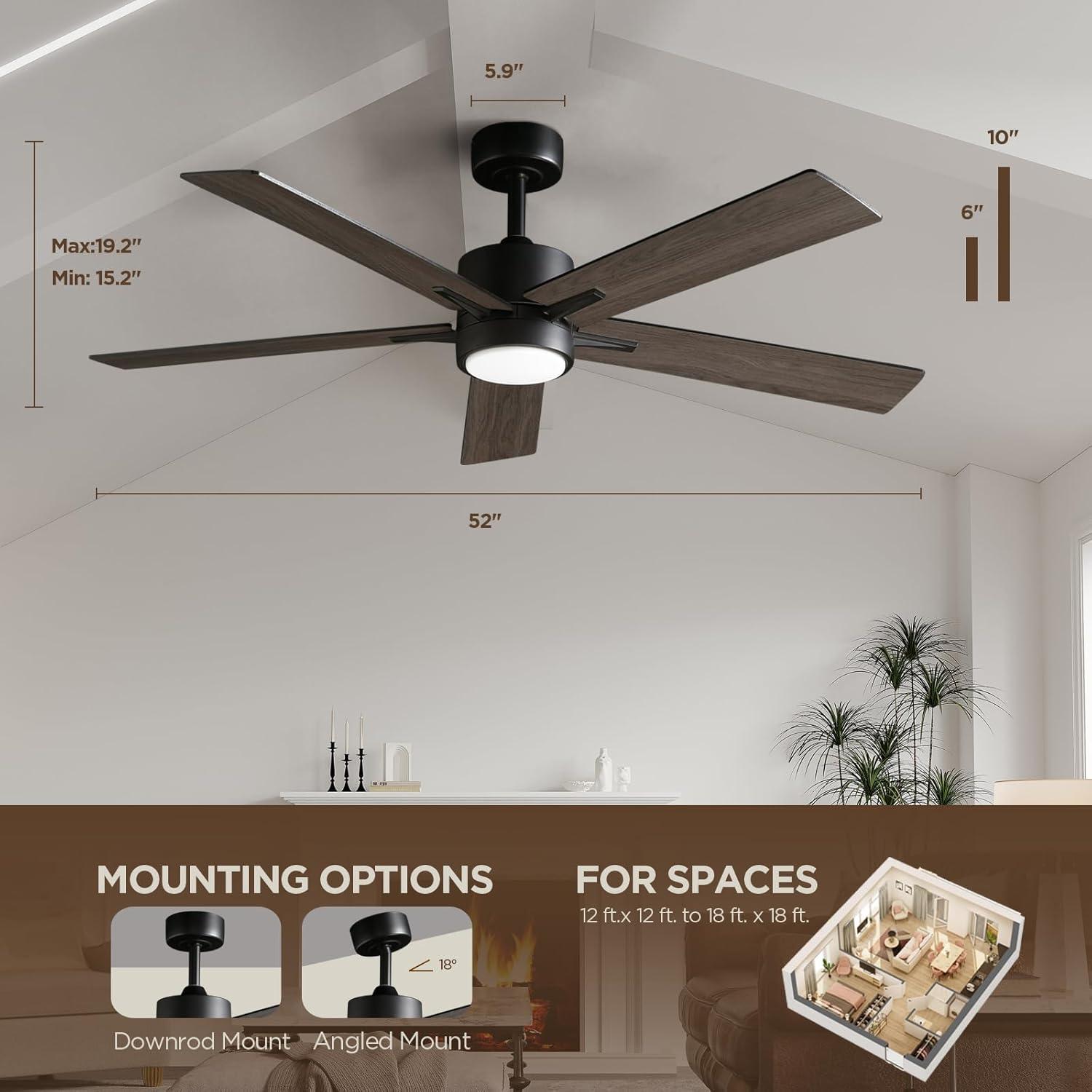 Vagizm Ceiling Fan with Light Remote: 52 inch Modern Bedroom Fans with Dimmable Tri-Color Temperature LED - Quiet Reversible DC Motor - Indoor Outdoor