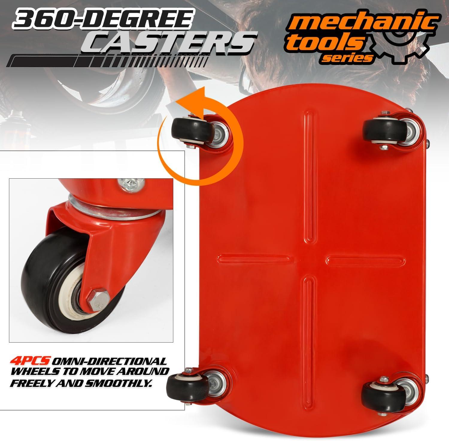 M-AUTO Rectangular Rolling Creeper Garage/Shop Seat Mechanic Roller Stool with Tool Tray Storage, 300 lbs Capacity - Red