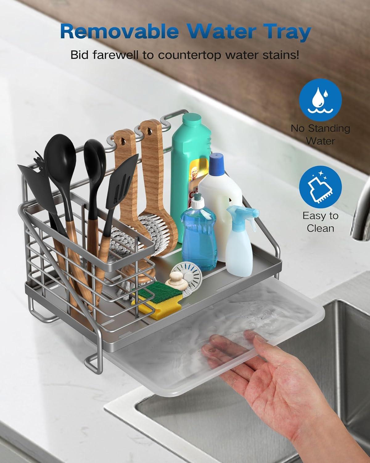 Stainless Steel Kitchen Sink Caddy with Side Basket and Drain Tray