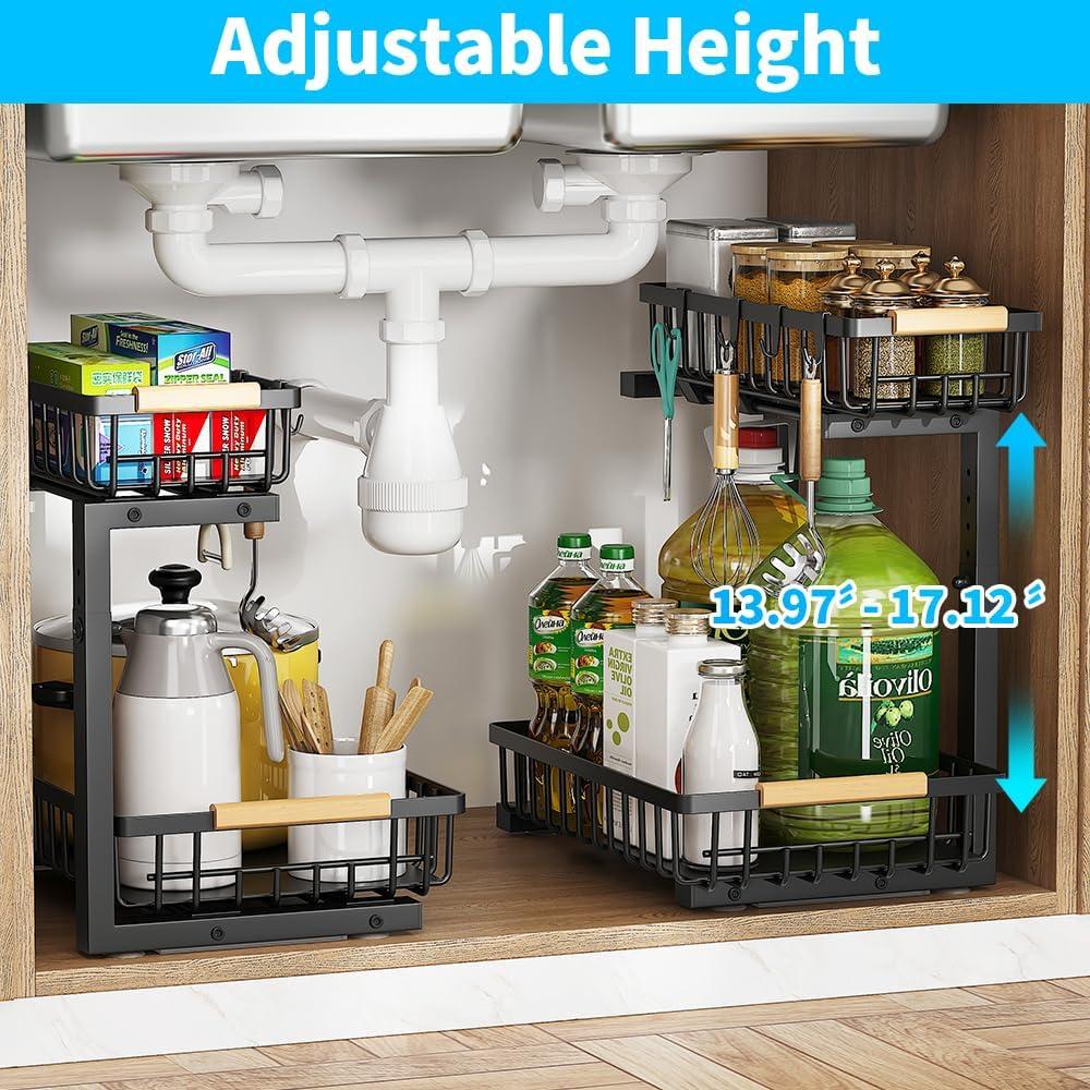 Under Sink Organizers and Storage, 2 Pack Pull Out Kitchen Bathroom Cabinet Organizer, 2 Tier Black Under Sink Storage for Bathroom Kitchen, Under Counter Storage Organizer with 8 Hooks