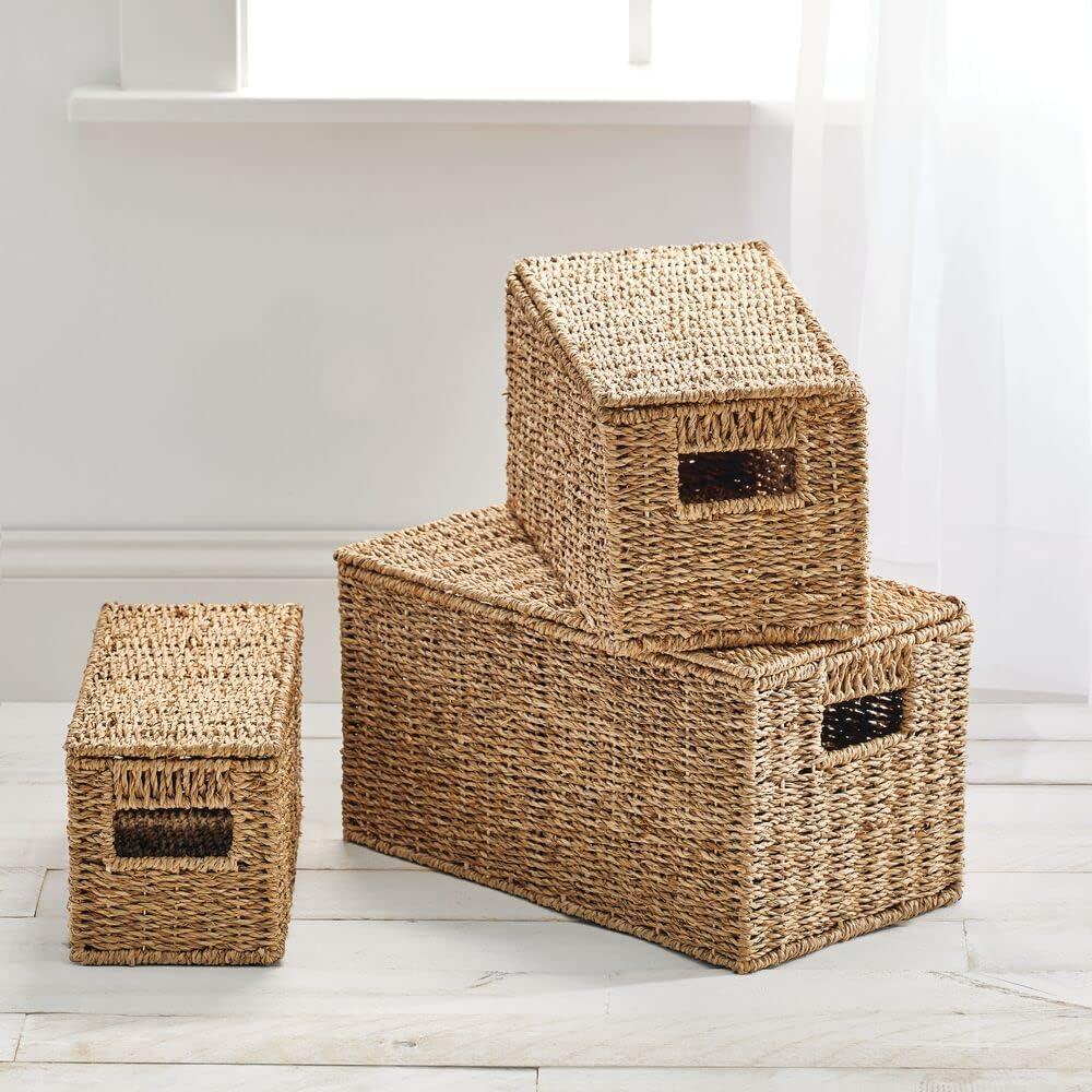 mDesign Woven Seagrass Home Storage Basket with Lid, Set of 3