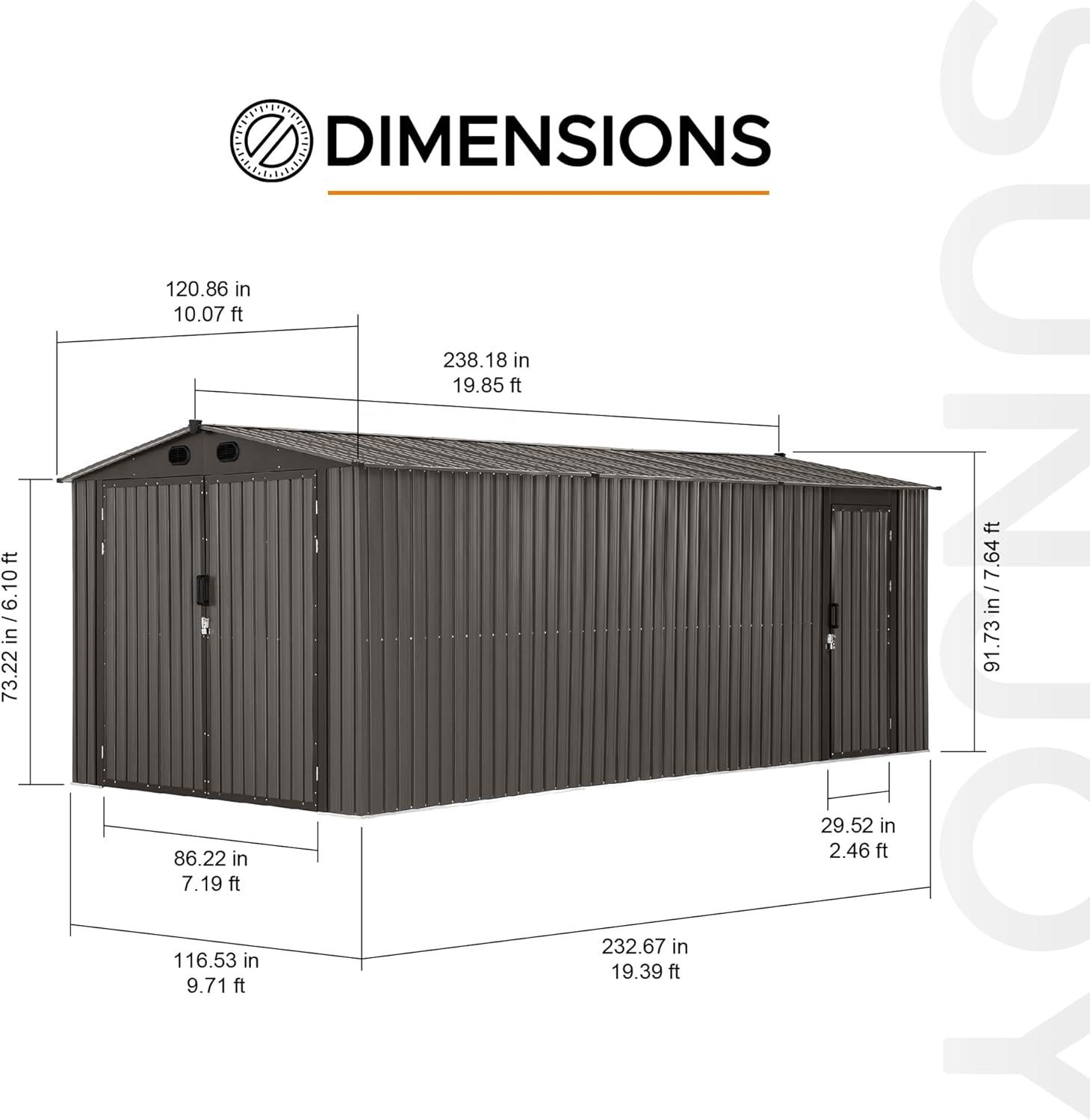 Sunjoy Outdoor Storage Shed 10 x 20 ft. Carport, Patio Metal Utility Large Storage Shed Garage with 2 Doors and 4 Vents, for Car, Truck, Bike, Garbage Can, Tool, Lawnmower, Tan