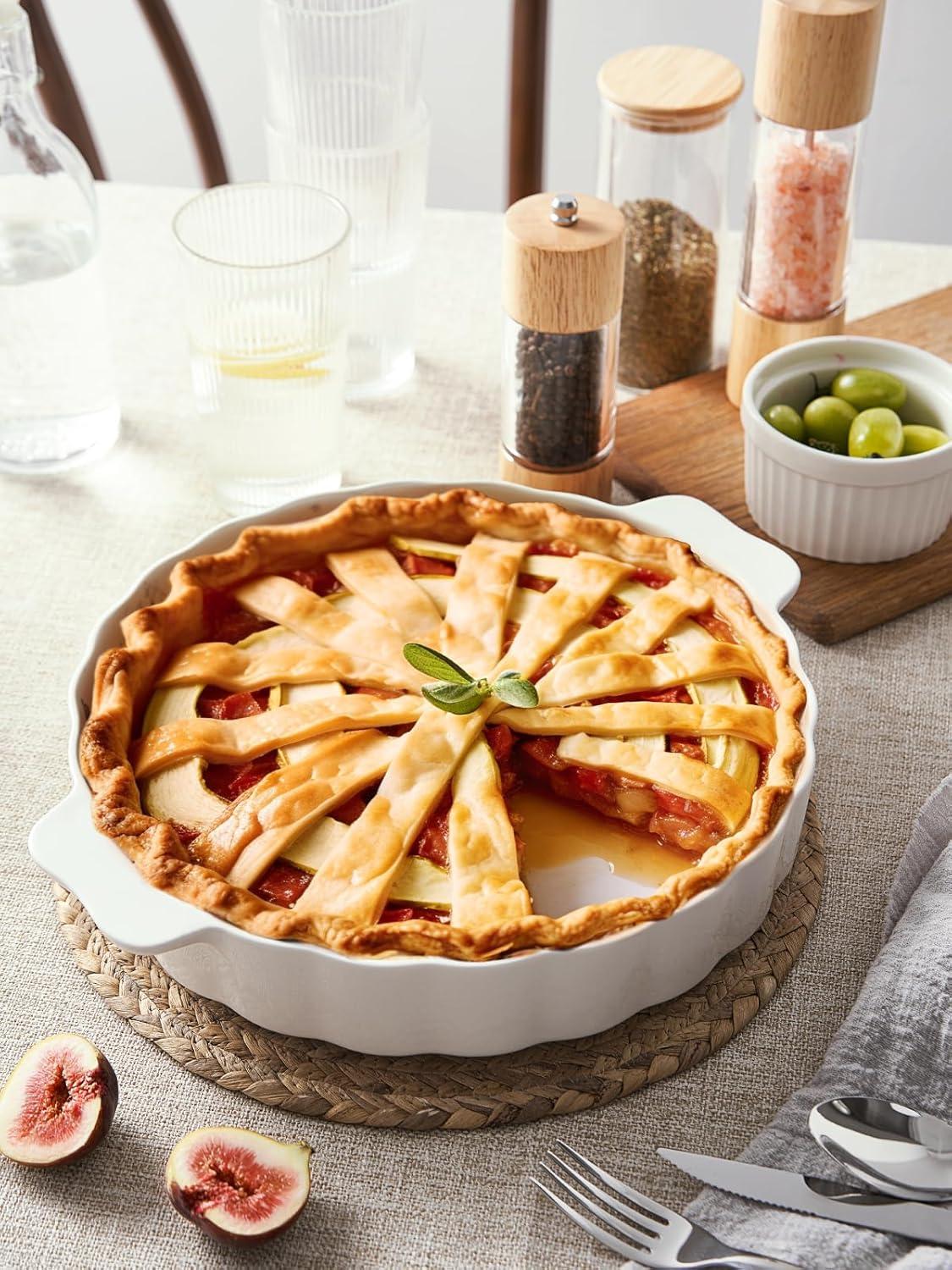 MASTER CRAFT WINDOW AND DOOR Ceramic Pie Pan For Baking,13Inch Round Baking Dish With Double Handle,Pie Plate With Ruffled Edge-Microwave, Dishwasher, And Oven Safe