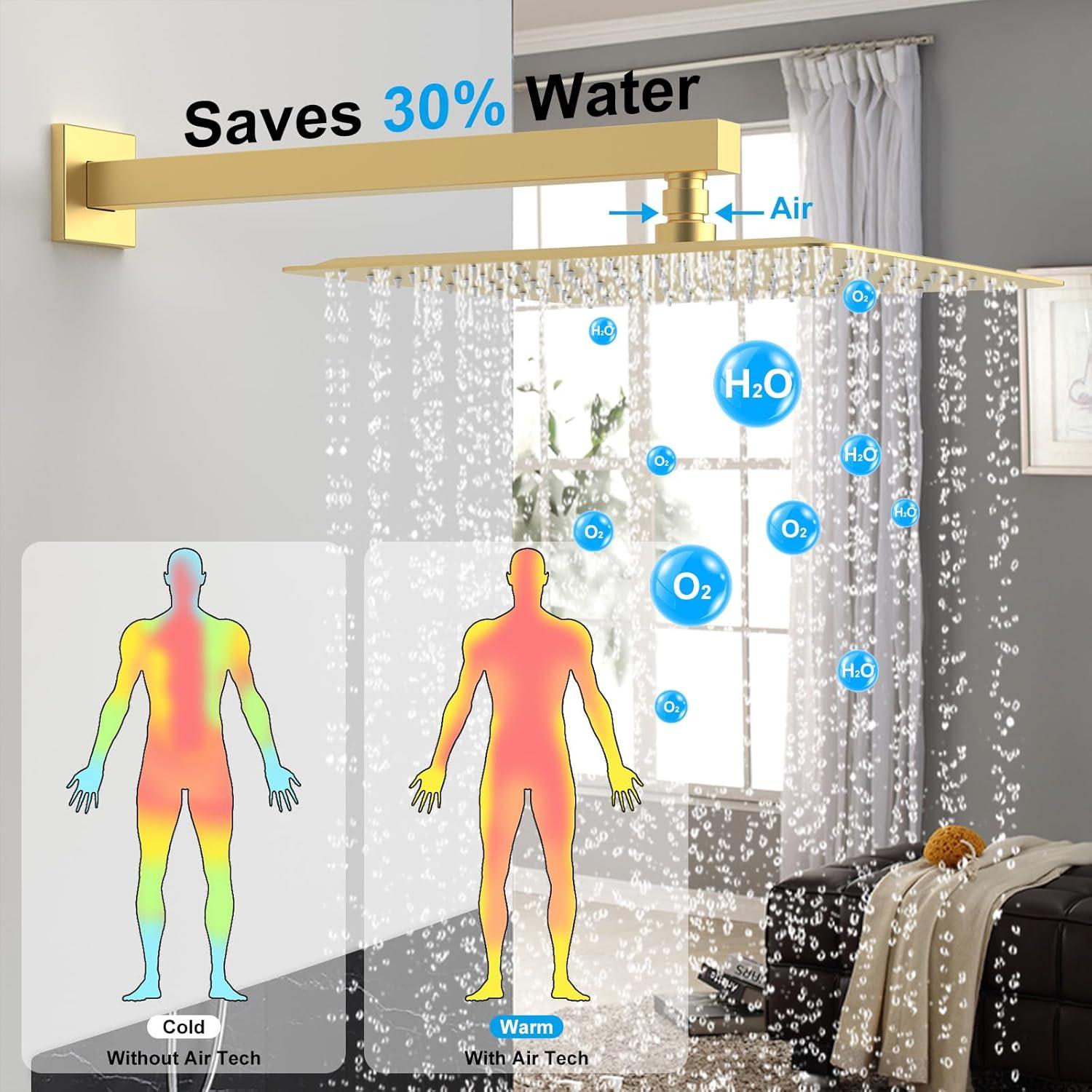 Shower system, 12" (approx. 30.5 cm) rain shower head and handheld spray bathroom shower unit with brass valve and wall trim kit Gold