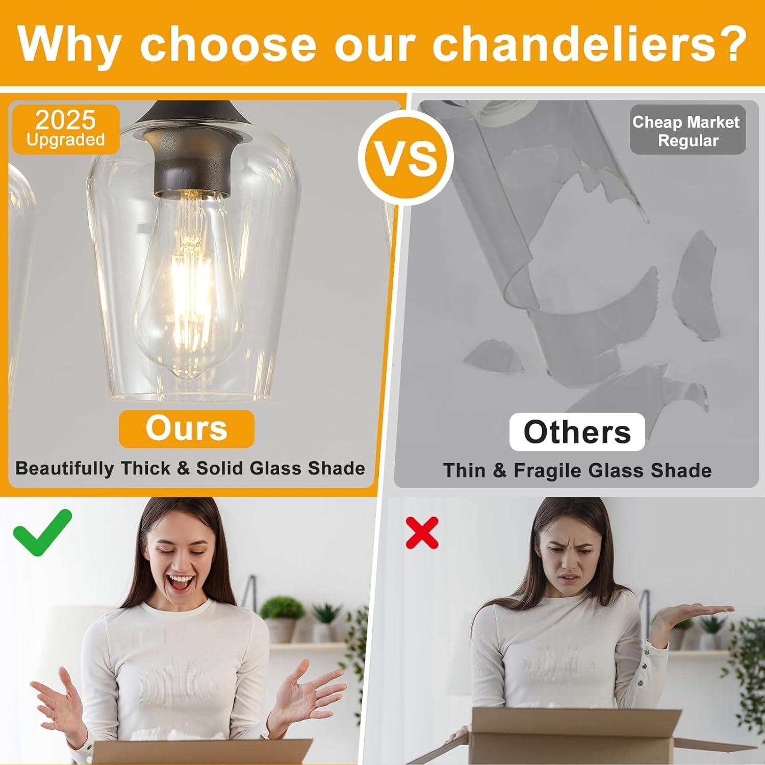 Black Farmhouse Chandelier, 5-Light Island Lights for Kitchen in Metal Finish with Clear Glass Shades, 37" Dining Room Chandelier, Linear Pendant Lighting for Foyer, Bar, Pool Table