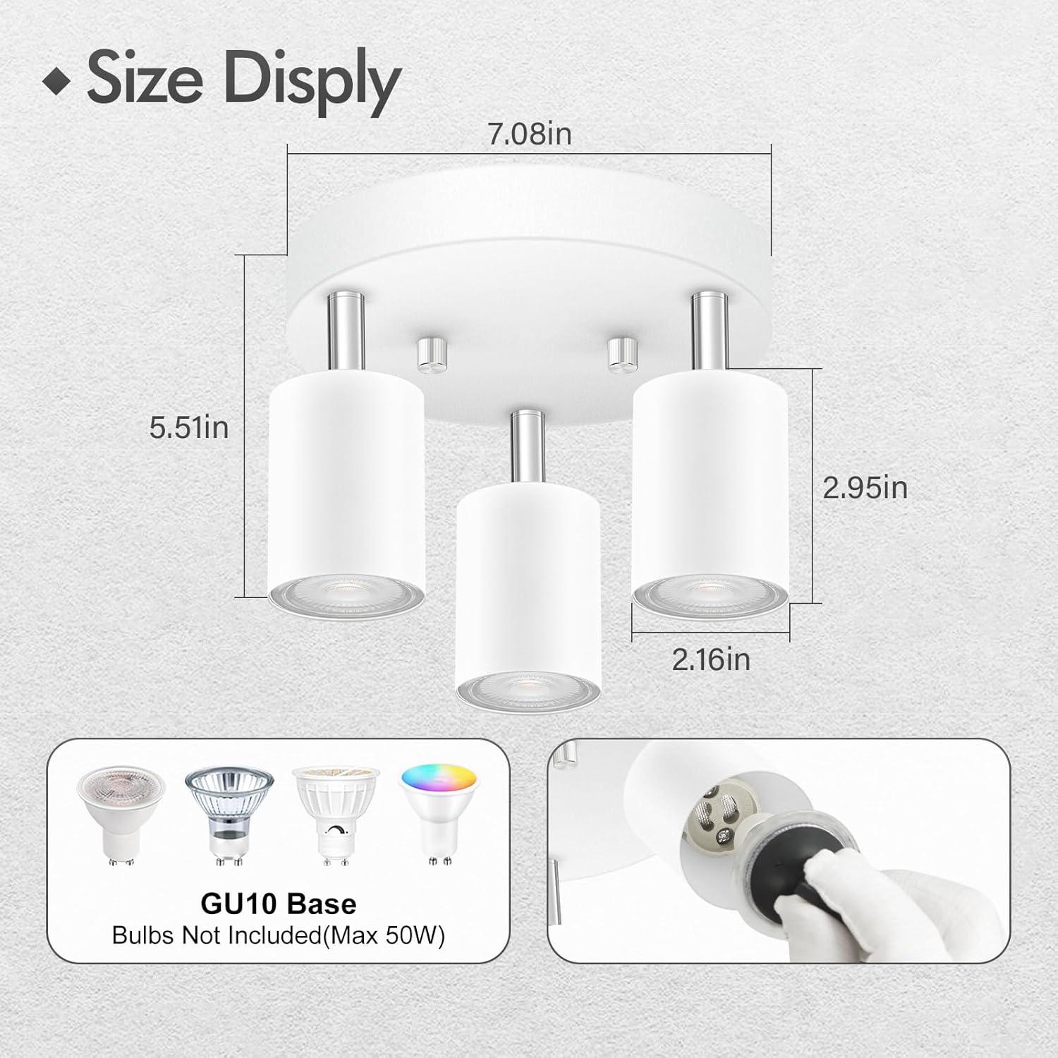 LED 3 Light Track Lighting Kit, LED Track Lighting Fixtures, White Round Ceiling Spot Lighting, Flexibly Rotatable Light Head for Kitchen, Living Room, Bedroom, GU10 Bulb Not Included