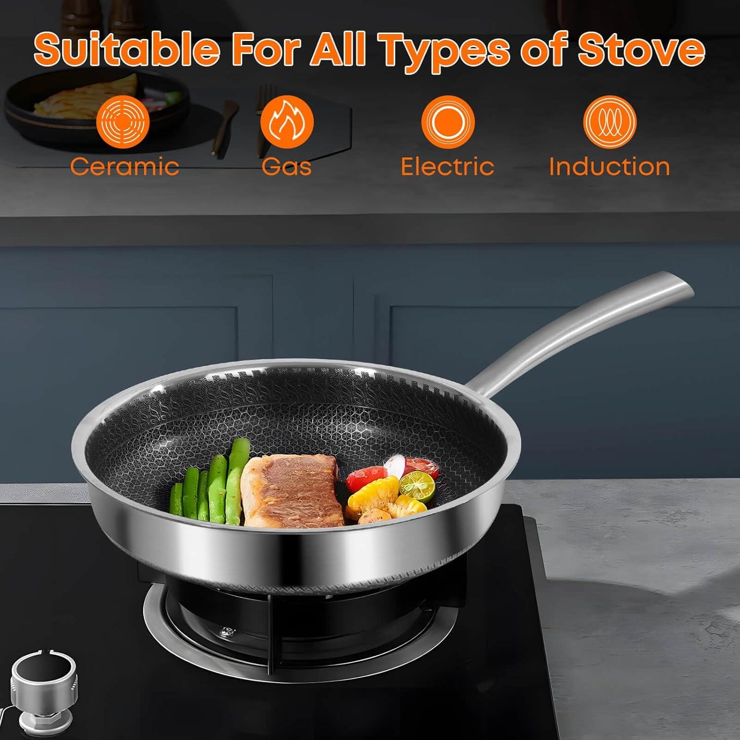 12 Inch Frying Pan with Lid, Whole body Tri-Ply Stainless Steel Skillet for Gas Electric Induction Ceramic Stoves and Oven