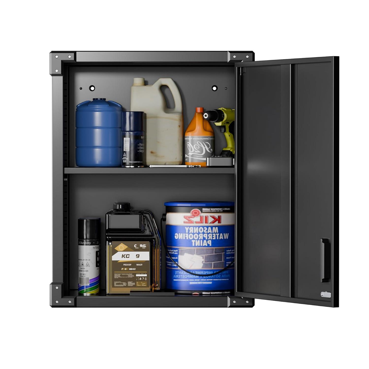 Garage Storage Cabinet, Seizeen Metal File Cabinet with Doors and Shelves, Indoor Storage Cabinet 3-Tier Shelves, Lockable Tool Storage for Garage, Warehouse, Home, Black