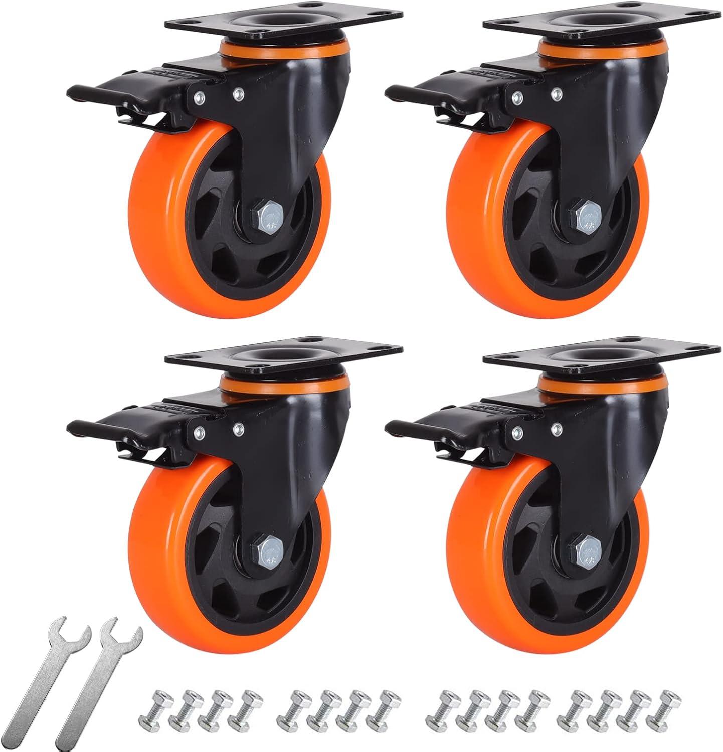 4 Inch Orange Polyurethane Heavy Duty Stem Caster Wheels with Dual Locking