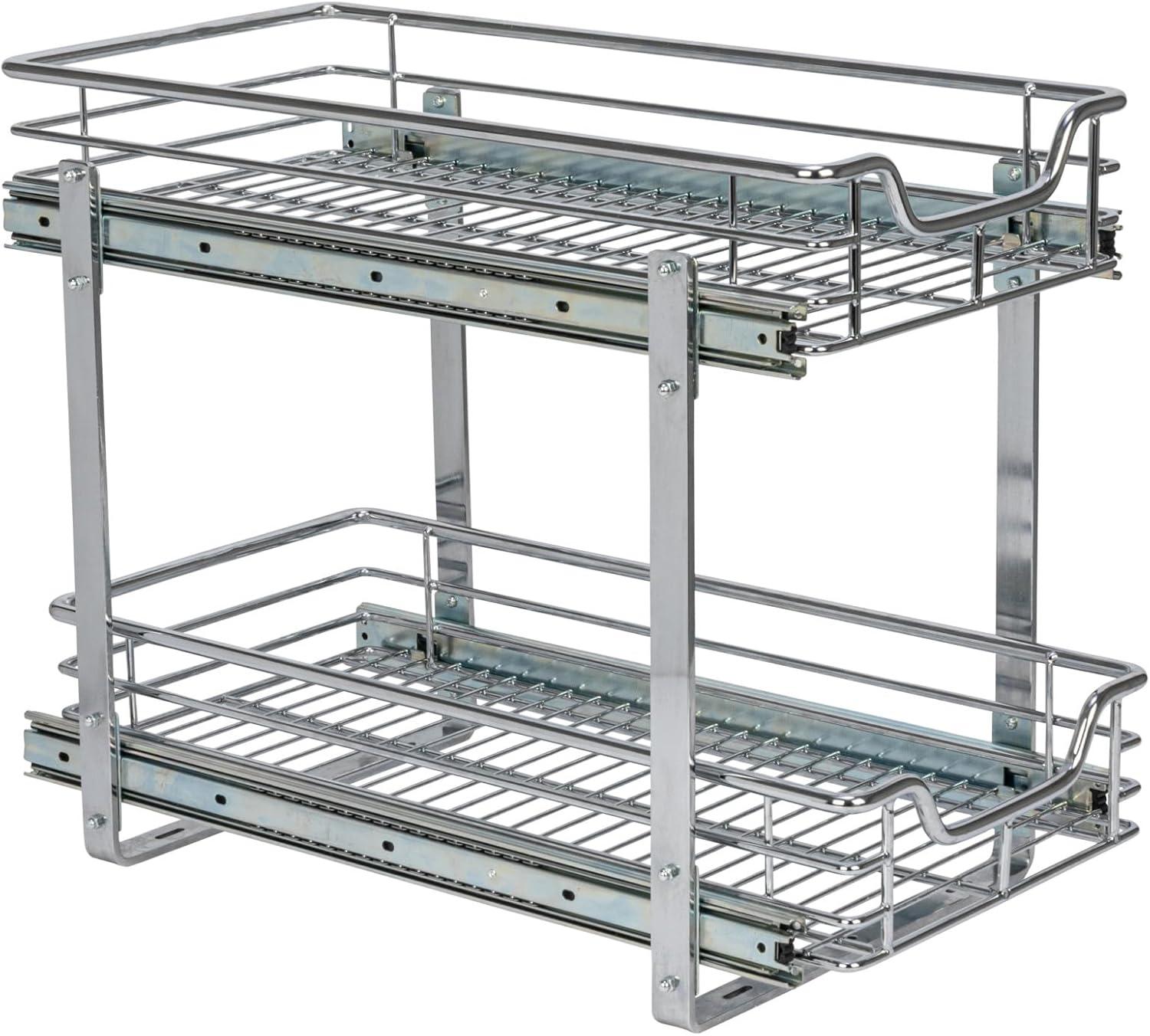 Household Essentials Glidez Multipurpose Chrome-Plated Steel Pull-Out/Slide-Out Storage Organizer for Under Cabinet Use - 2-Tier Design - Fits Standard Size Cabinet or Shelf, Chrome