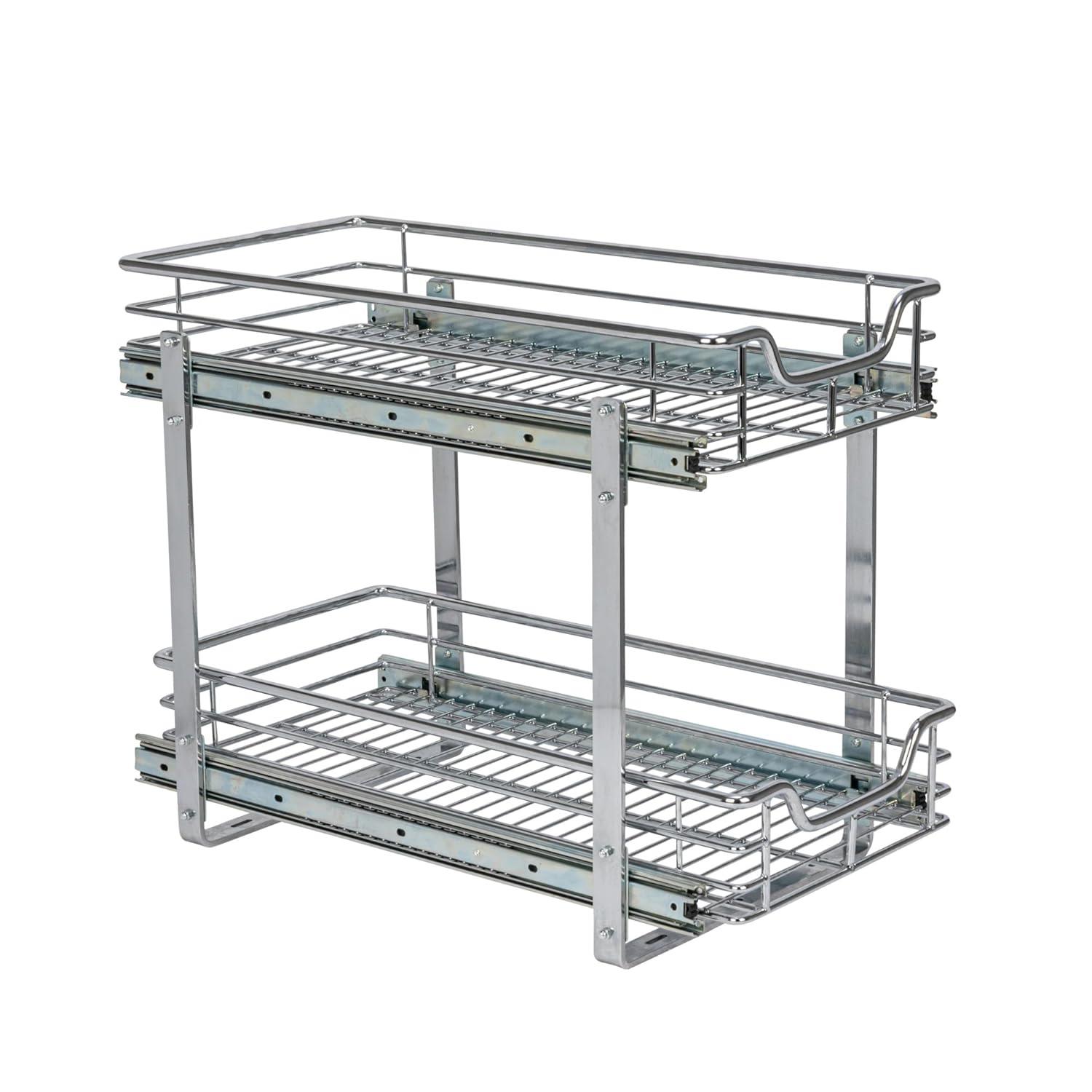 Household Essentials Glidez Multipurpose Chrome-Plated Steel Pull-Out/Slide-Out Storage Organizer for Under Cabinet Use - 2-Tier Design - Fits Standard Size Cabinet or Shelf, Chrome