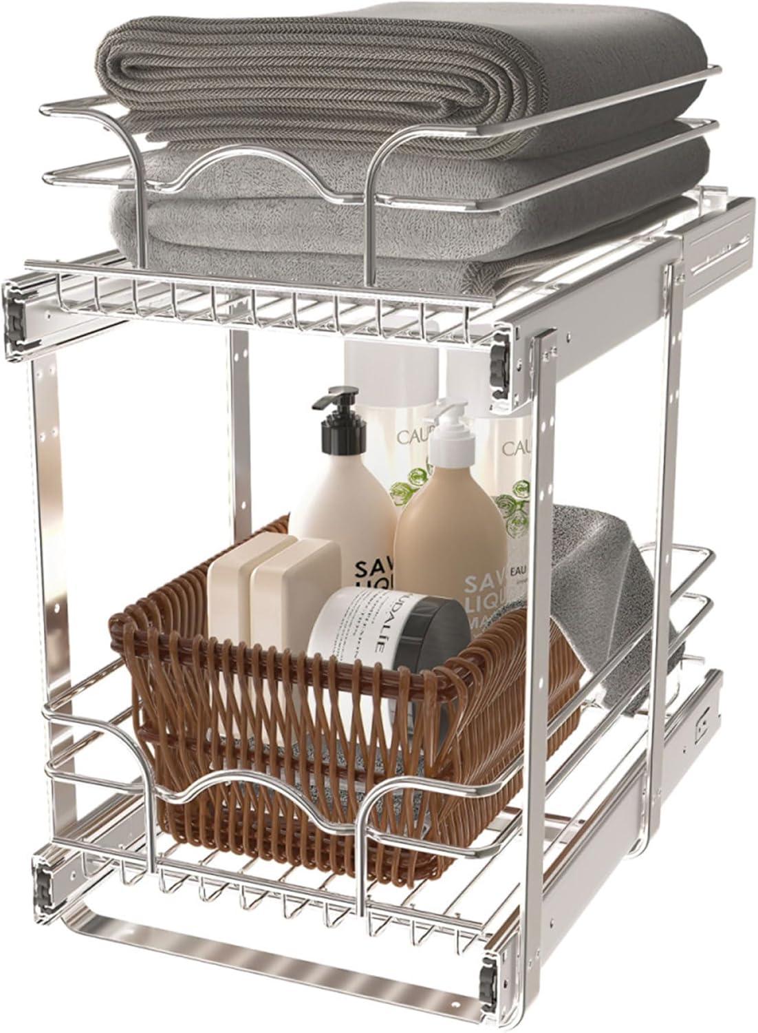 Rev-A-Shelf 5WB2 2-Tier Wire Basket Pull Out Shelf Storage for Kitchen Base Cabinet Organization, Chrome