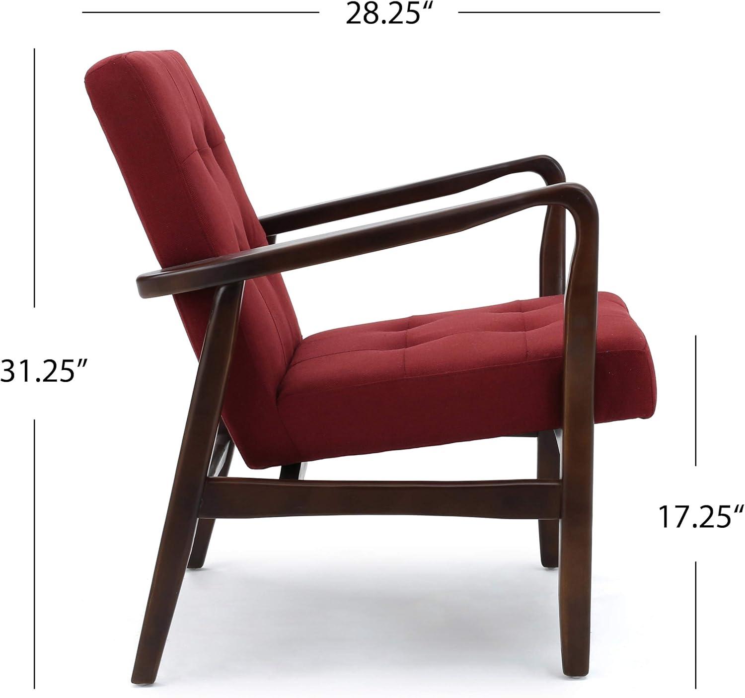 Mid-Century Modern Deep Red Wood Frame Club Chair with Arm Rest