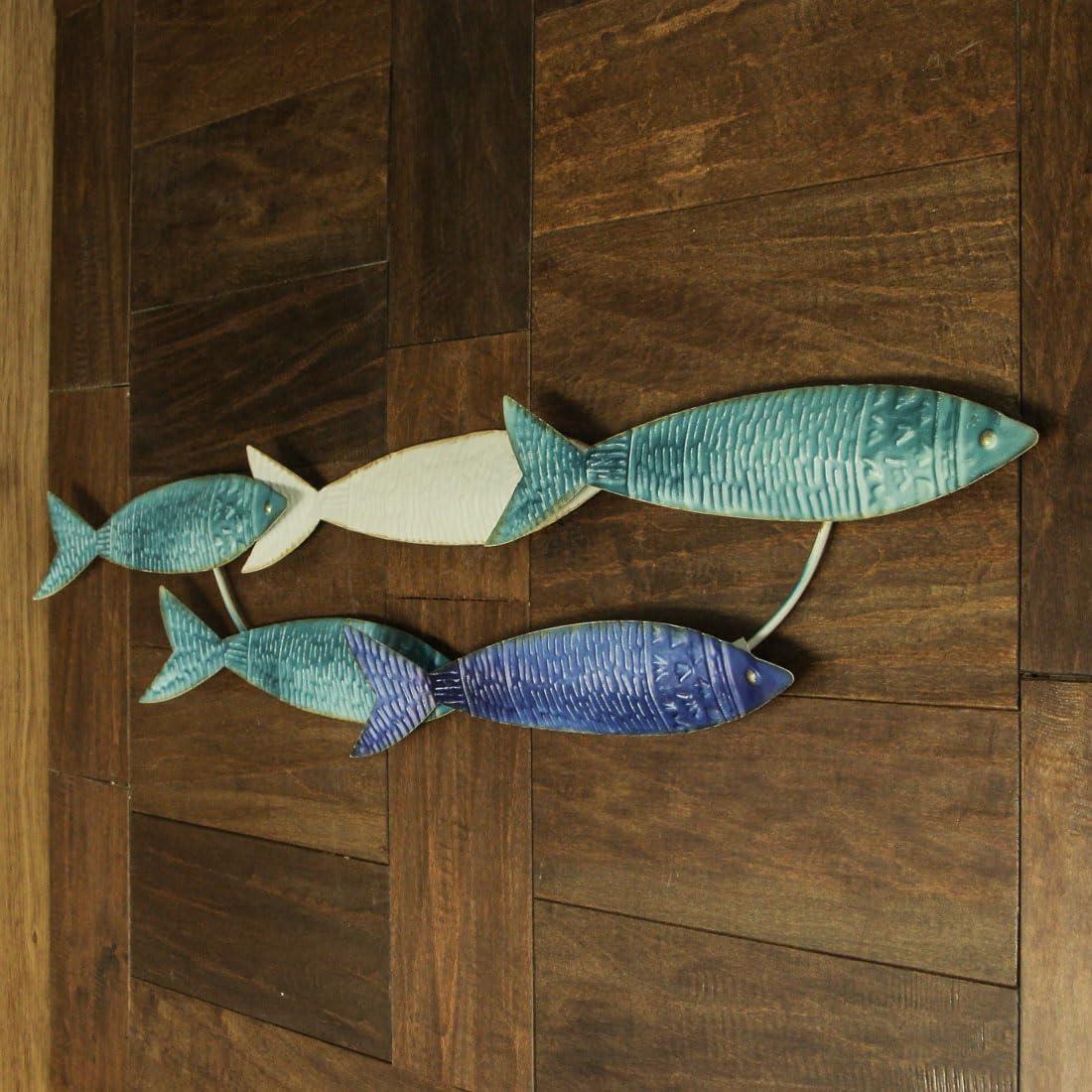 Zeckos Blue and White Metal School of Fish Coastal Wall Décor 34 inch