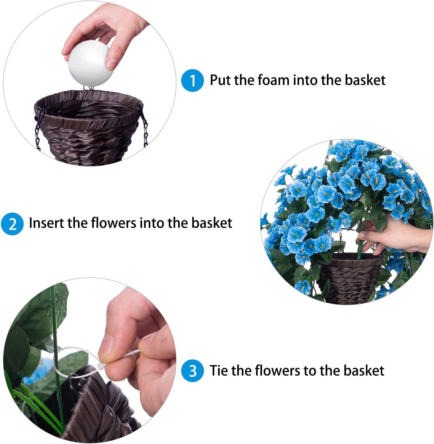 Artificial Hanging Flowers in Basket Fake Plant for Outside, Silk Pink Morning Glory Flower Arrangement for Outdoor Decor, UV Resistant Realistic Floral Planter for Porch Patio Balcony