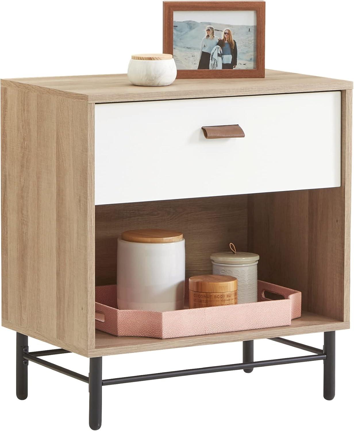 Sky Oak and White Single-Drawer Nightstand with Metal Base