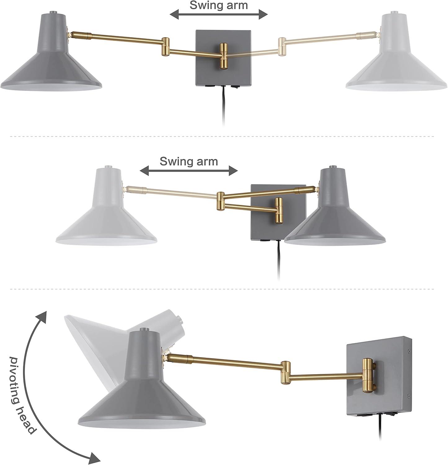 Hygge 16" Swing Arm 1-Light Modern Midcentury Iron USB Charging Port LED Sconce, Grey/Brass Gold