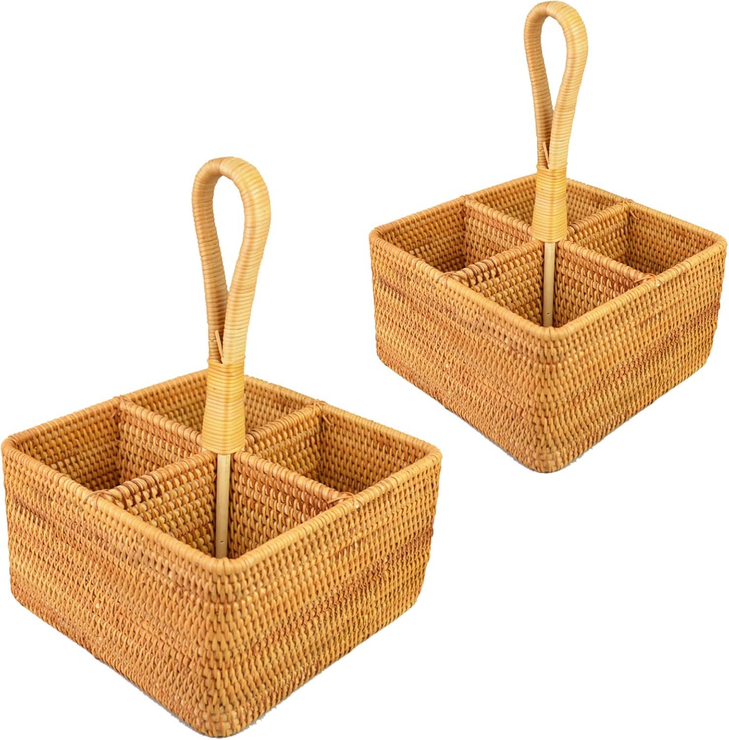 Stack man 2 Pack Rattan Round Condiment Carrier Cooking Utensil Caddy Holder- 4-Compartment Handmade Flatware Organizer Silverware Caddy For Tabletop,Parties, Cooking Utensil Condiment Organizer