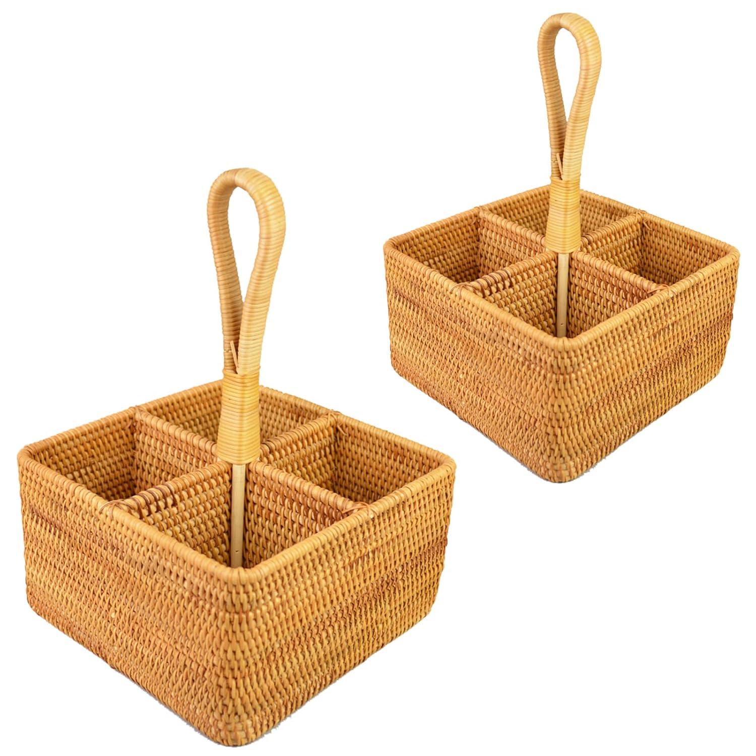 Stack man 2 Pack Rattan Round Condiment Carrier Cooking Utensil Caddy Holder- 4-Compartment Handmade Flatware Organizer Silverware Caddy For Tabletop,Parties, Cooking Utensil Condiment Organizer