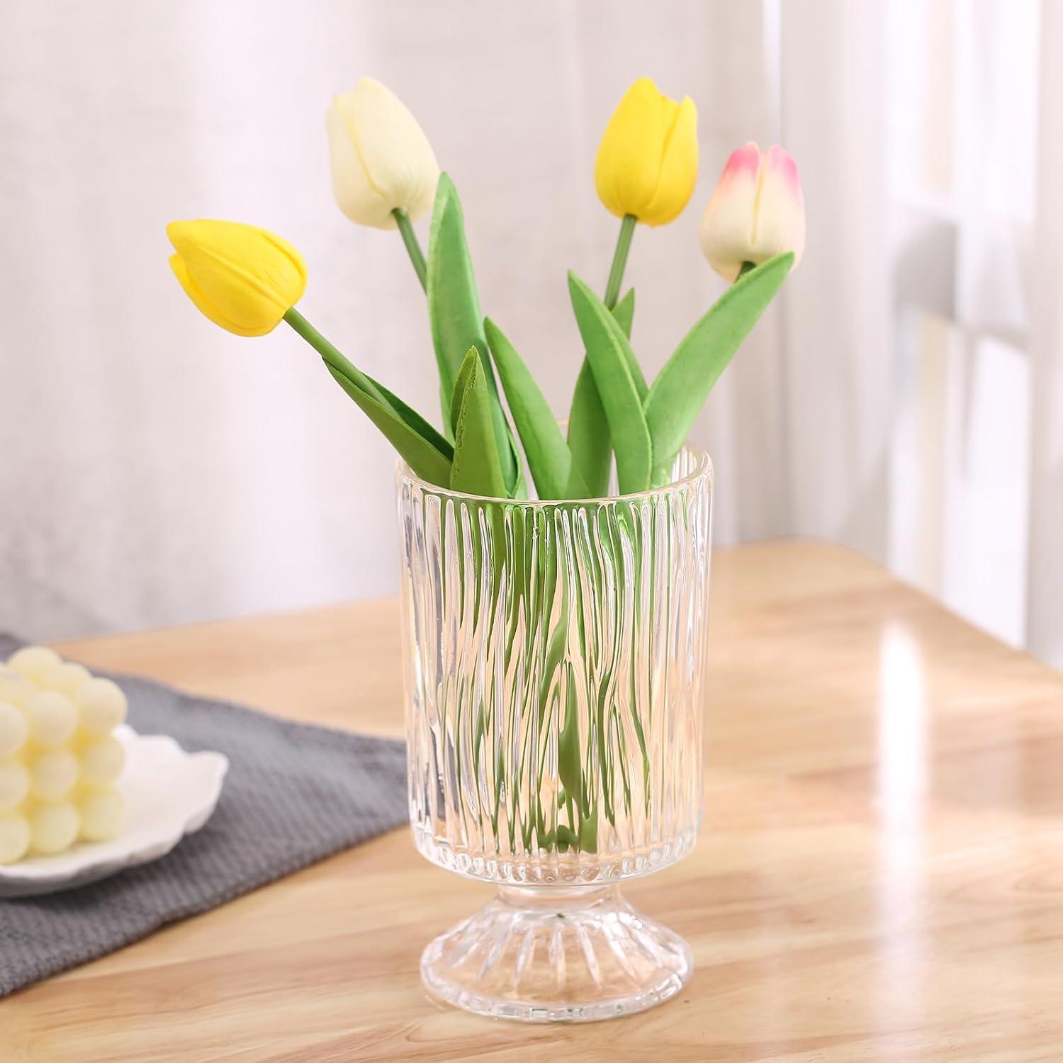 7 Inch Modern Glass Vase with Embossed Ribbed Base - Clear Hydroponic Design for Home Decor, Weddings Party Living Room, Dining Table Floral Arrangement Centerpiece