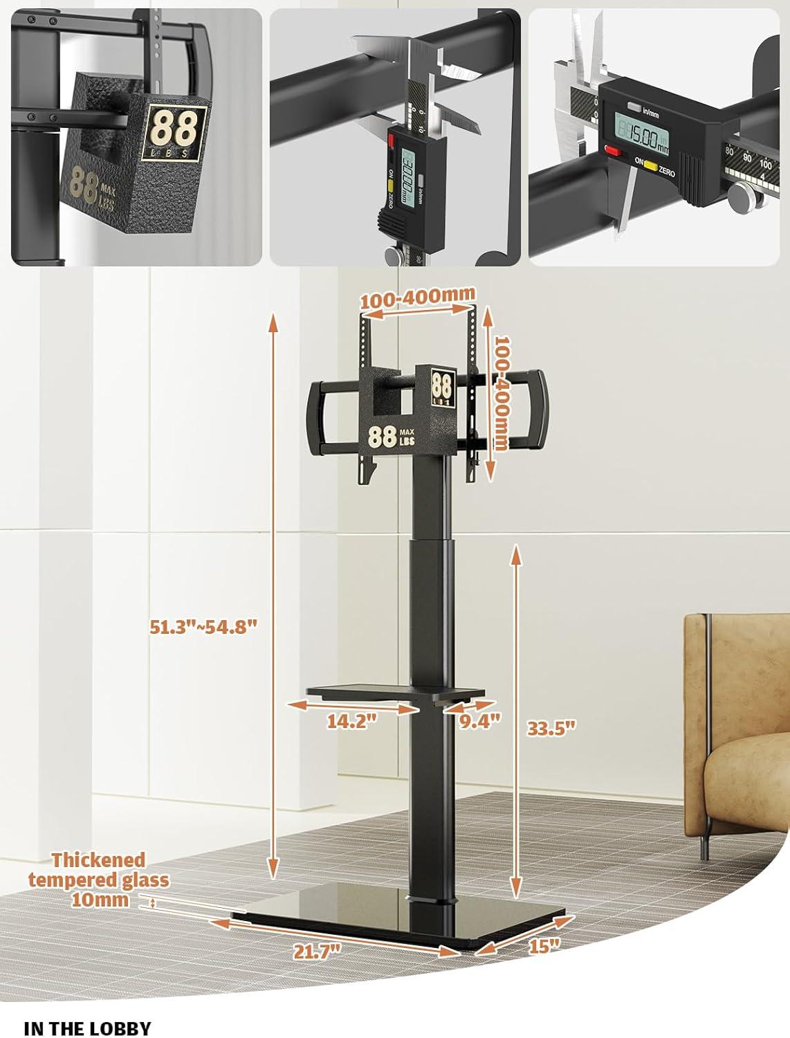 Hemudu Universal Floor TV Stand with Swivel Bracket and 2 Shelves, Black