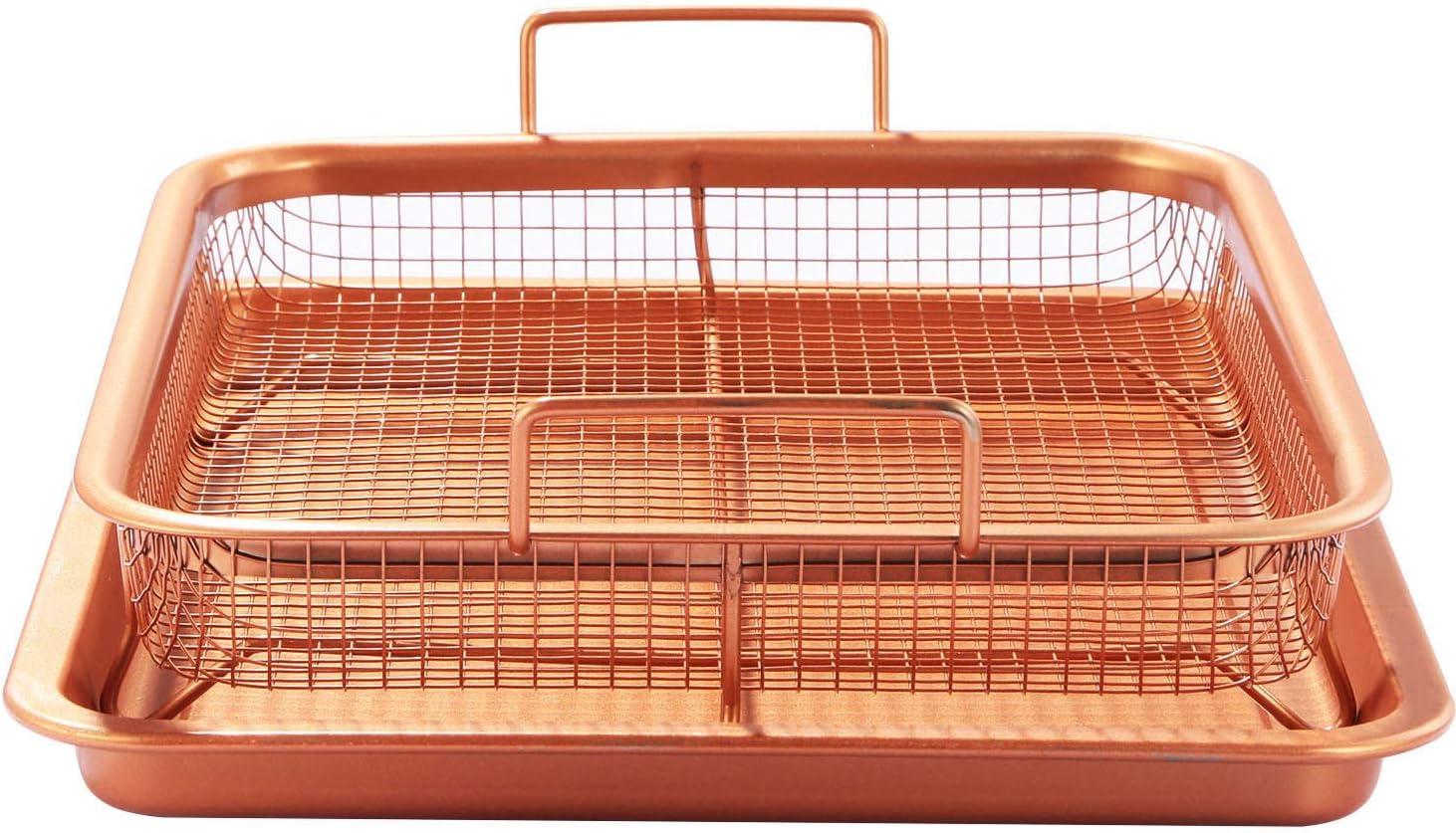 iMounTEK Crisper Tray Set - Non-Stick, Sturdy Iron Construction, Multi-Purpose Cooking - Oven & Dishwasher Safe - Includes Cookie Sheet Tray and Grill Basket - Copper Color