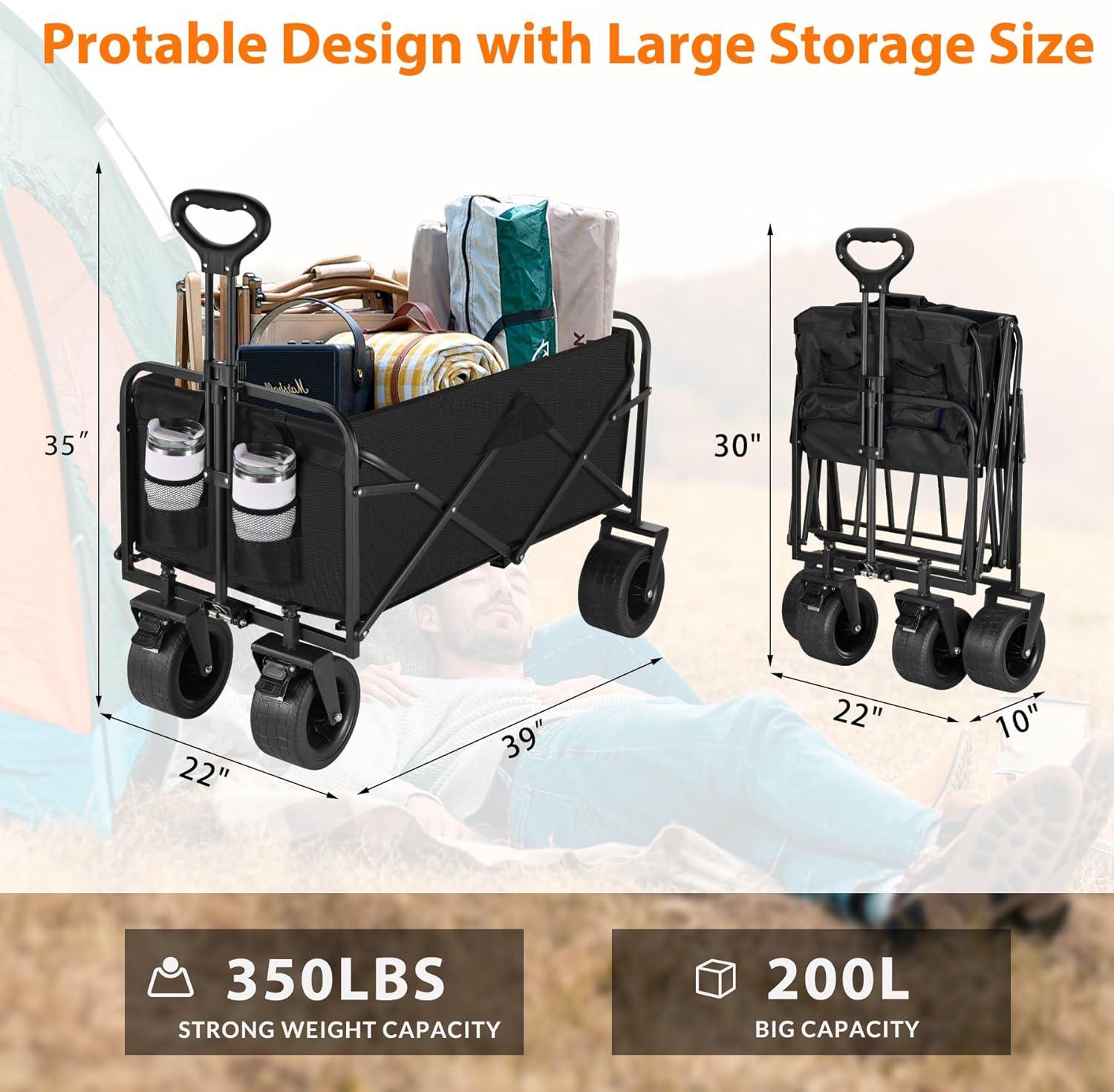 Clearance! Outdoor Utility Wagon Cart with Cup Holdler, Large Capacity Folding Wagon Garden Shopping Beach Cart,Heavy Duty Foldable Cart, for Outdoor Activities, Beaches, Parks, Camping (Blue)