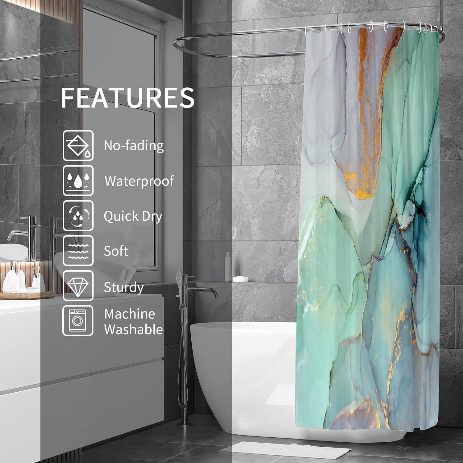 Abstract Marble Shower Curtain, Blue Green Purple Jade Texture Gold Stripes Ombre Watercolor Paint, Modern Ink Art Decor Waterproof Fabric Shower Curtain for Bathroom Set with Hooks, 71 x 71