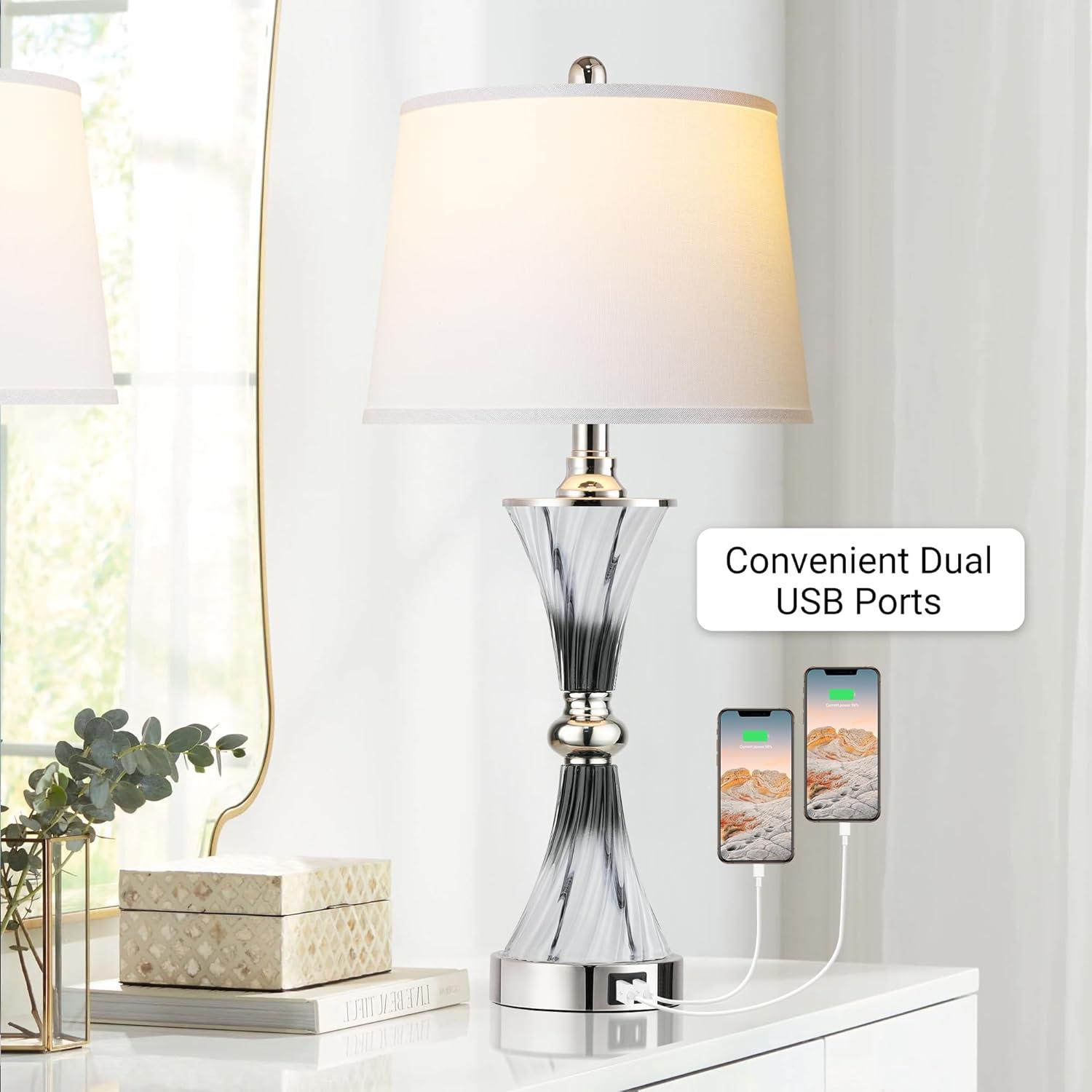 Touch Control Dimmable Table Lamps for Bedrooms, 3-Way Gold Crystal Bedside Lamp with USB Ports, Set of 2 Contemporary End Table Lamps with White Drum Shade for Living Room Reading, LED Bulbs Included
