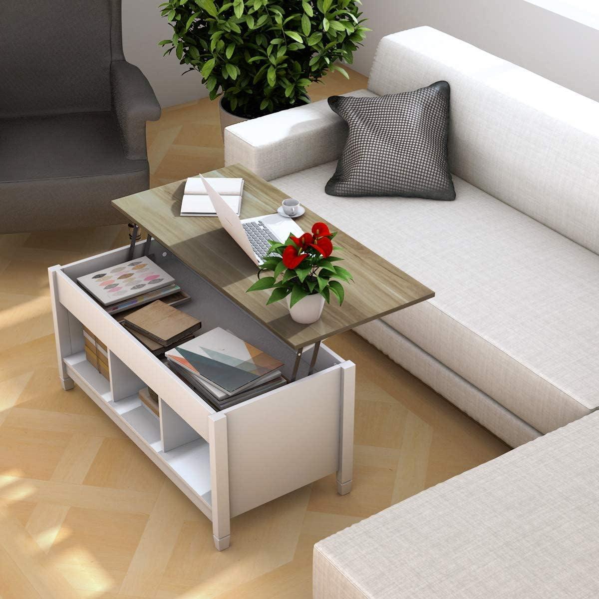 White and Brown Wood Lift-Top Coffee Table with Storage