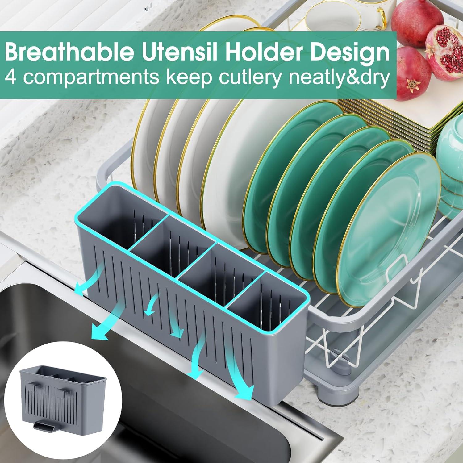 iSPECLE Dish Drying Rack with Drainboard - Dish Racks for Kitchen Counter, Rust-Resistant Compact Dish Drainer with Utensil Holder, Drain Spout and High Feet on Drip Tray, Black