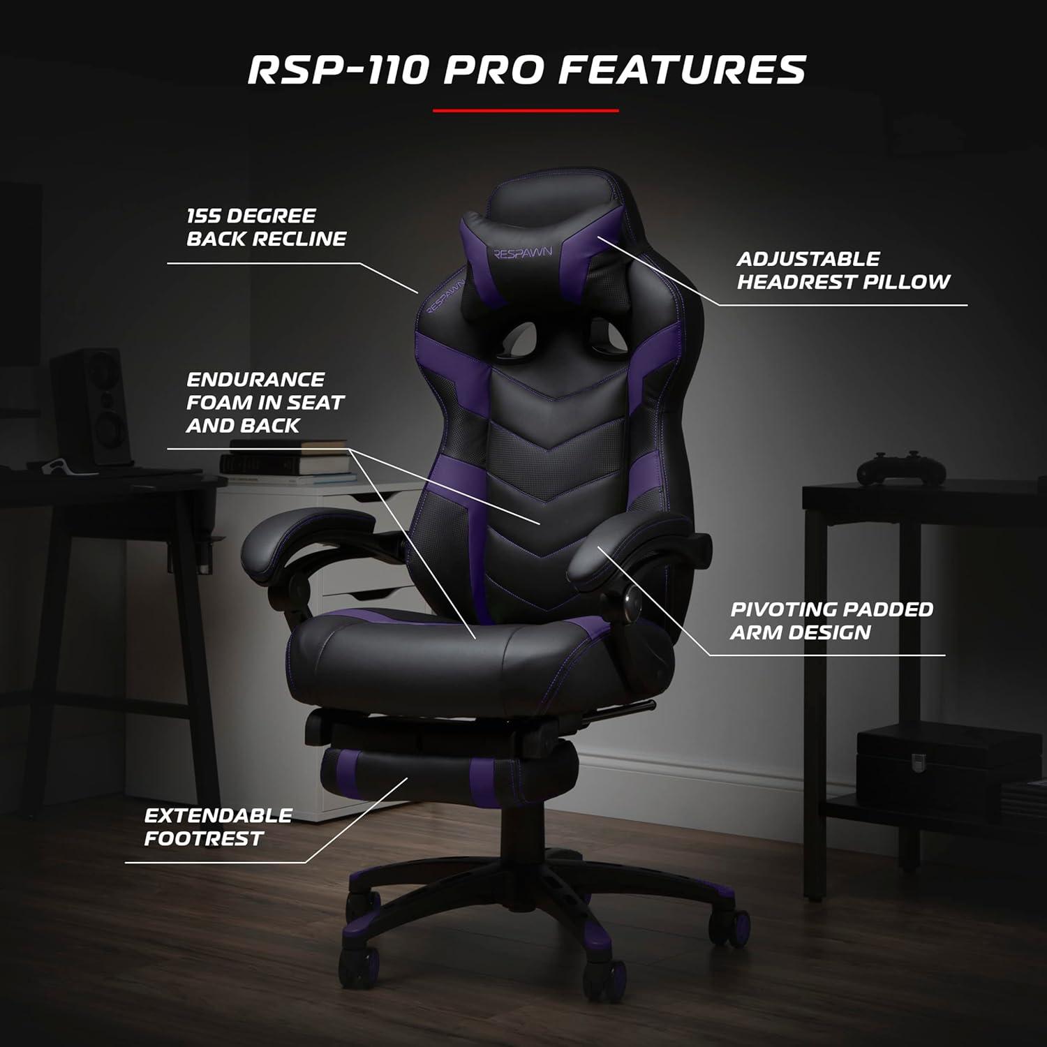 Respawn RESPAWN 110 Pro Gaming Chair - Gaming Chair with Footrest, Reclining Gaming Chair, Video Gaming Computer Desk Chair, Adjustable Desk Chair, Gaming Chairs For Adults With Headrest Pillow