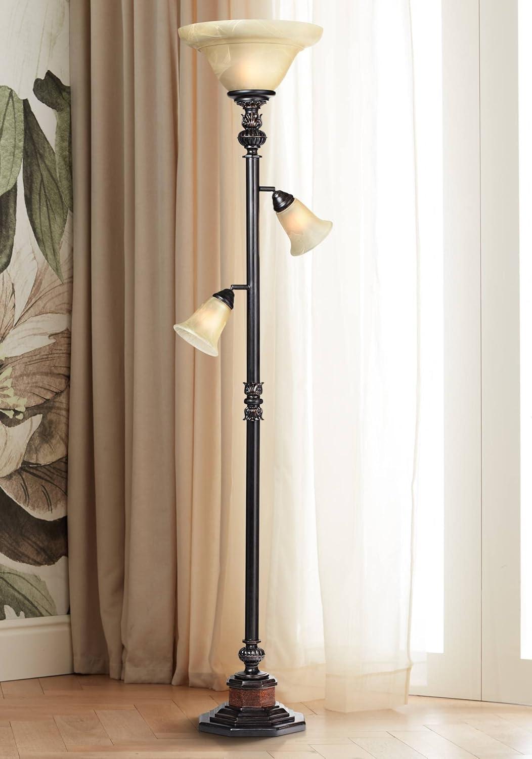 Bronze 72" Torchiere Floor Lamp with Alabaster Glass Shades