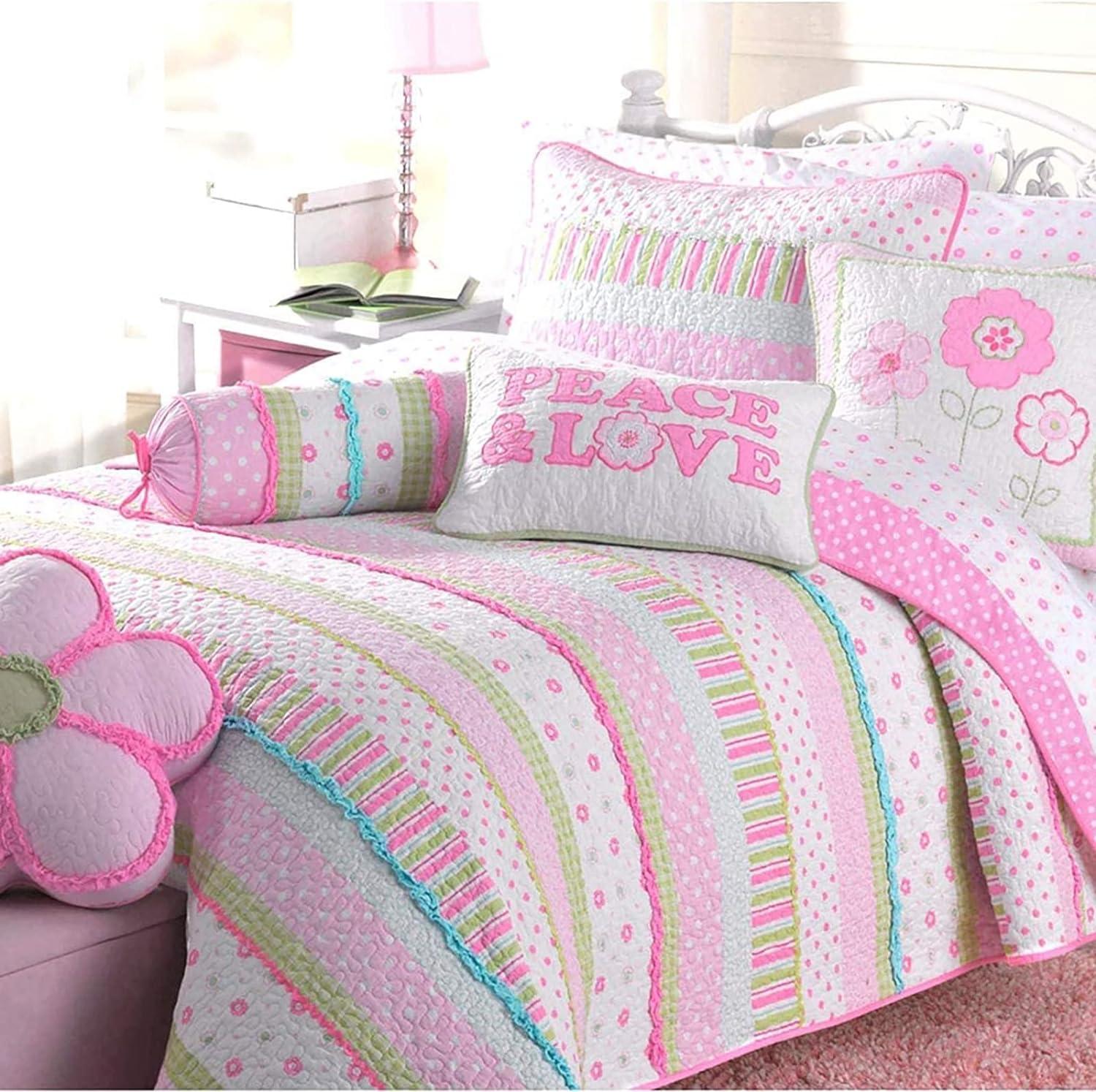 Pink Striped Cotton Reversible Kids' Full Quilt Set