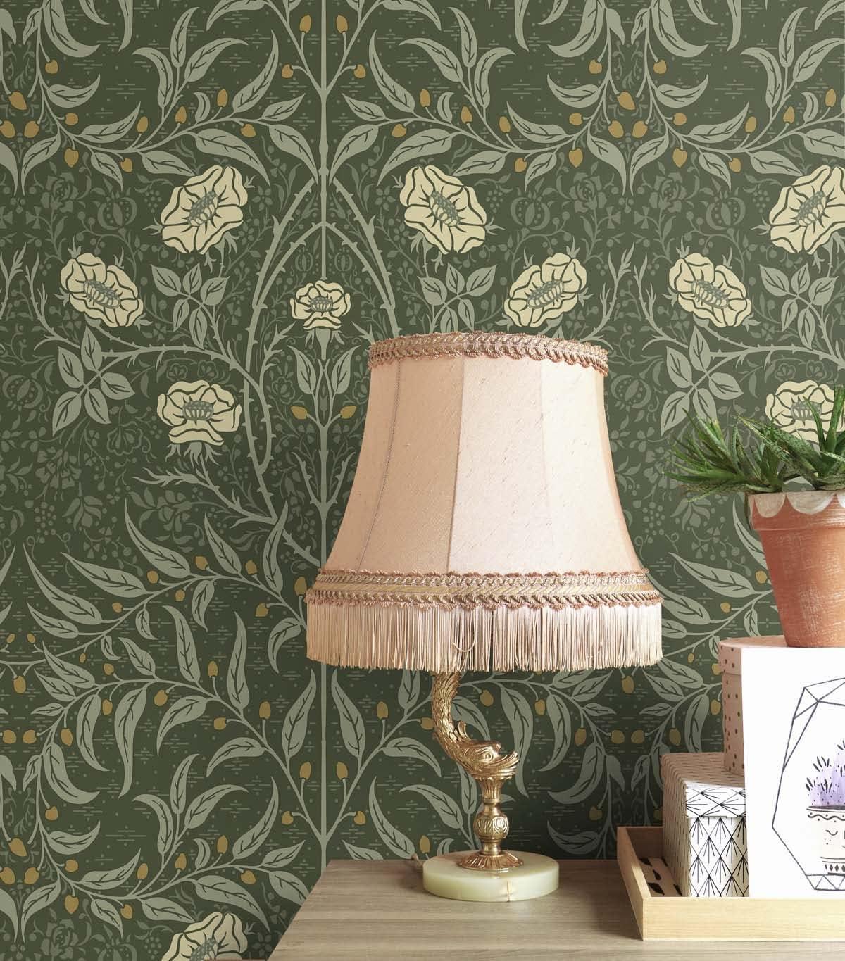 NextWall Stenciled Floral Peel and Stick Wallpaper Green: Vintage Botanical Vinyl, Self-Adhesive, Repositionable, 30.75 Sq Ft Coverage