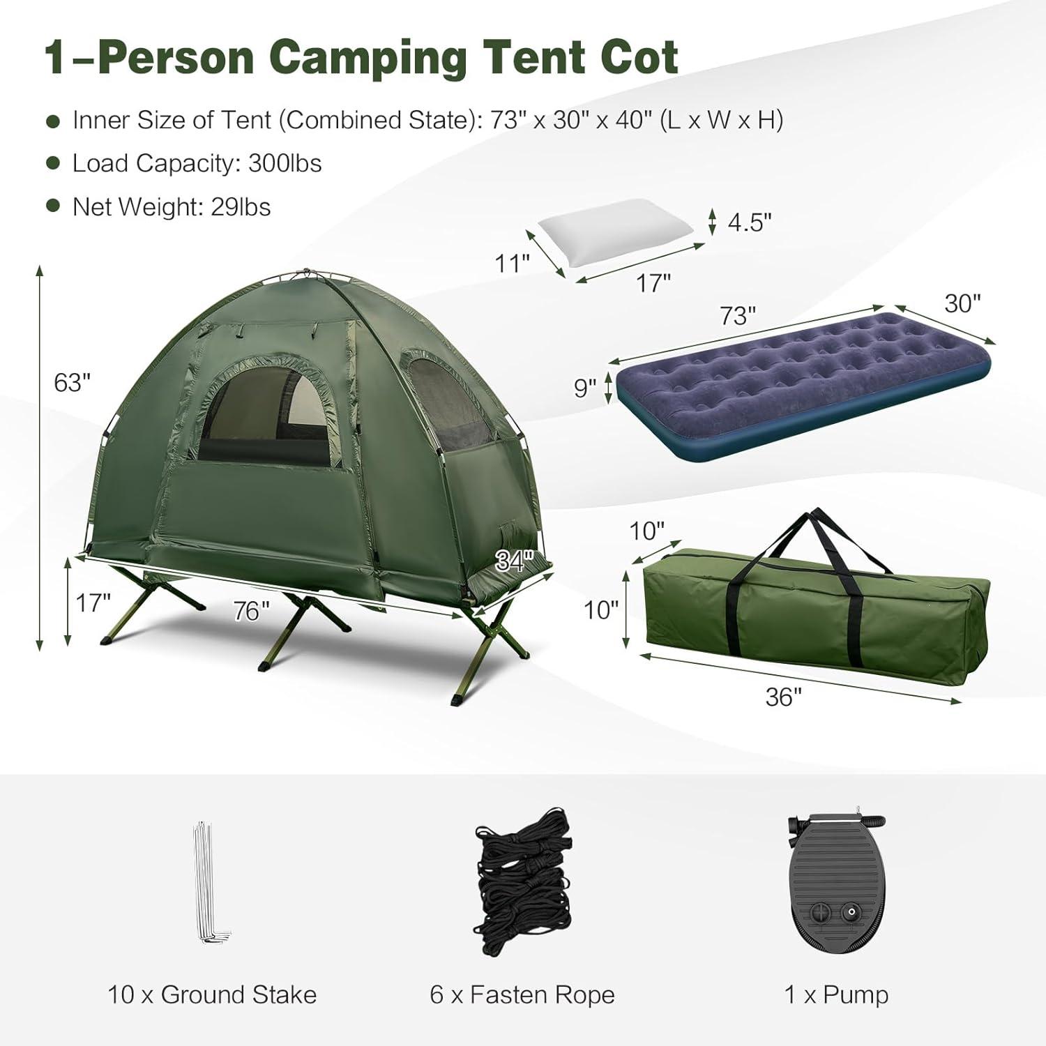 BANGTANE Tent Cot for Camping 1-Person, All-in-1 Folding Tent Combo w/Air Mattress, Sleeping Bag, Carry Bag & Foot Pump, Off Ground Travel Cot for Hiking, Backpacking, Fishing & Picnic