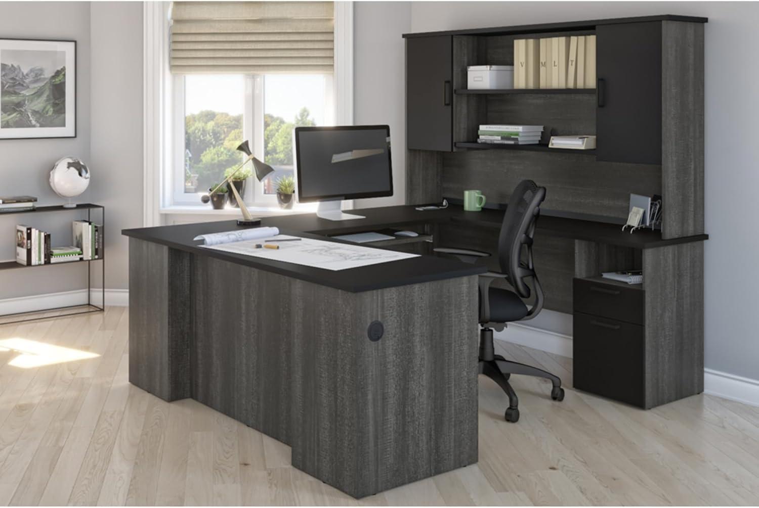 Black and Bark Gray Executive Corner Desk with Hutch and Power Outlets