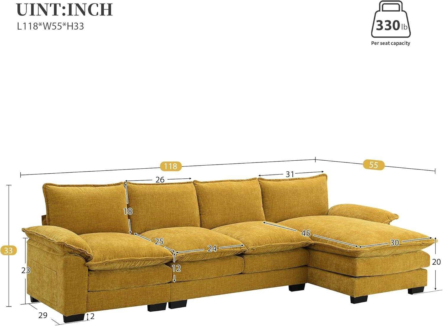 118'' Ginger Chenille L-Shaped Sofa with Chaise and Solid Wood Legs