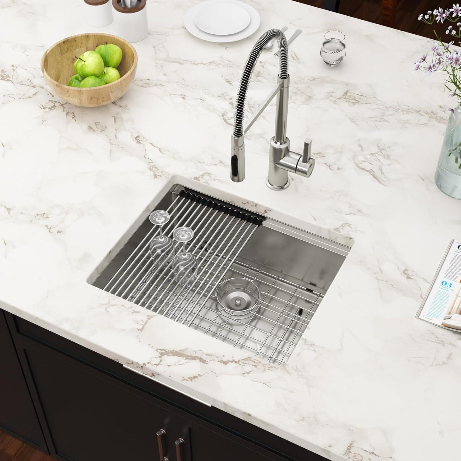 23x19 Inch Undermount Kitchen Workstation Sink - 16 Gauge 304 Stainless Steel Single Bowl With Ledge - Deep Handmade RV Bar Sink