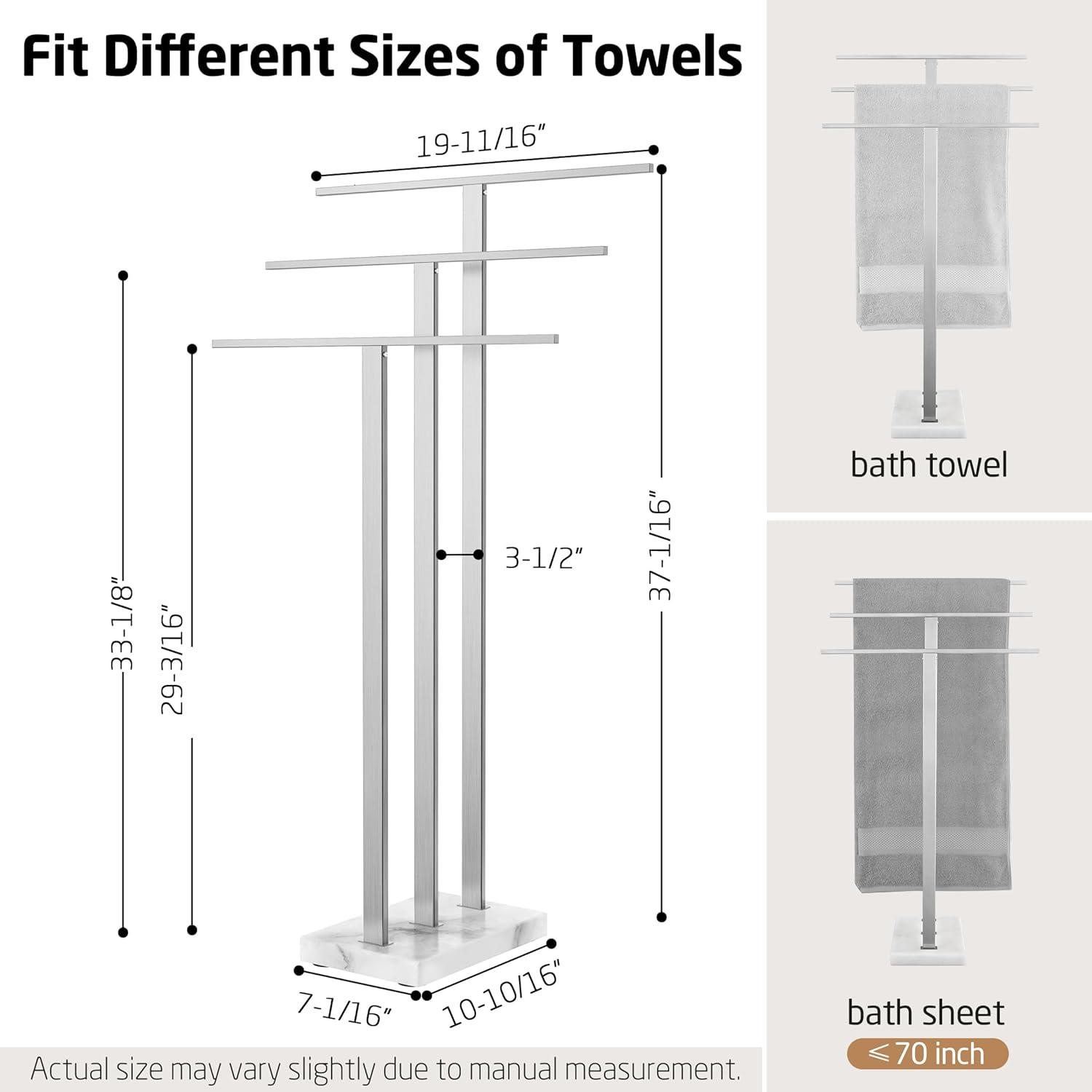 Brushed Steel Freestanding Triple Towel Rack with Marble Base