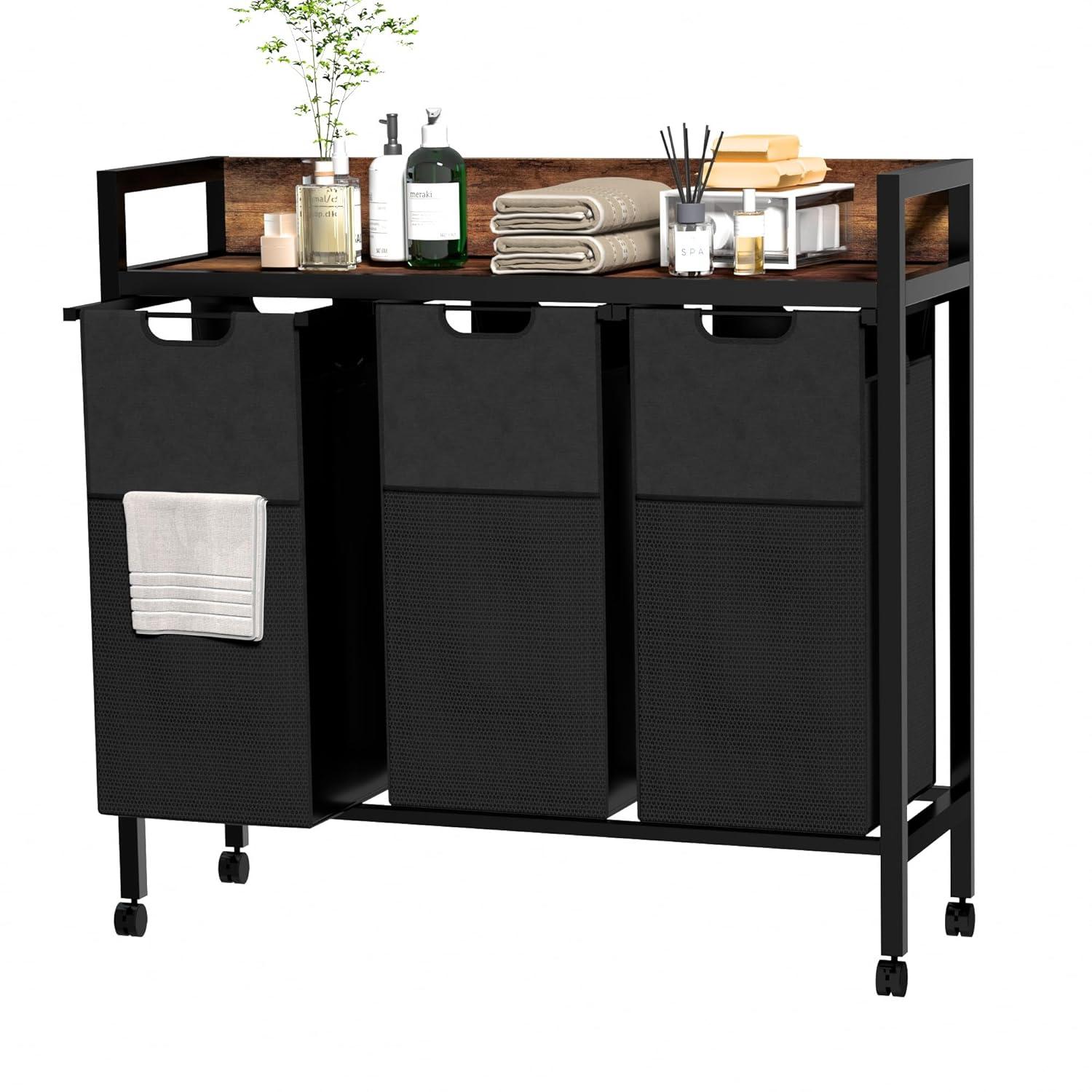Laundry Sorter 3 Section,360°Rolling Laundry Basket,3 Pull-Out and Removable Oxford Fabric Laundry Bags(144L),Rustic Brown and Black