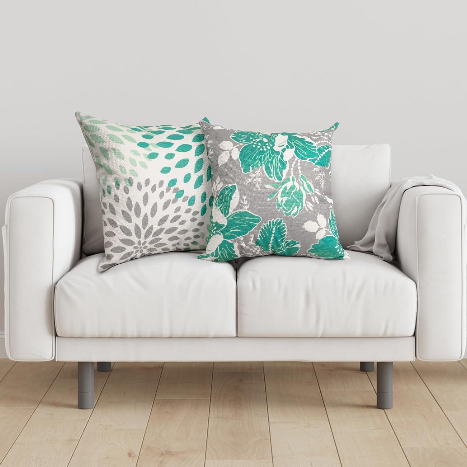 Husfou 4pcs Linen Pillow Covers 18x18 inch Turquoise and Grey Decorative Throw Pillow Case for Couch Modern Daisy Cushion Cover for Home Sofa Bedroom Decor