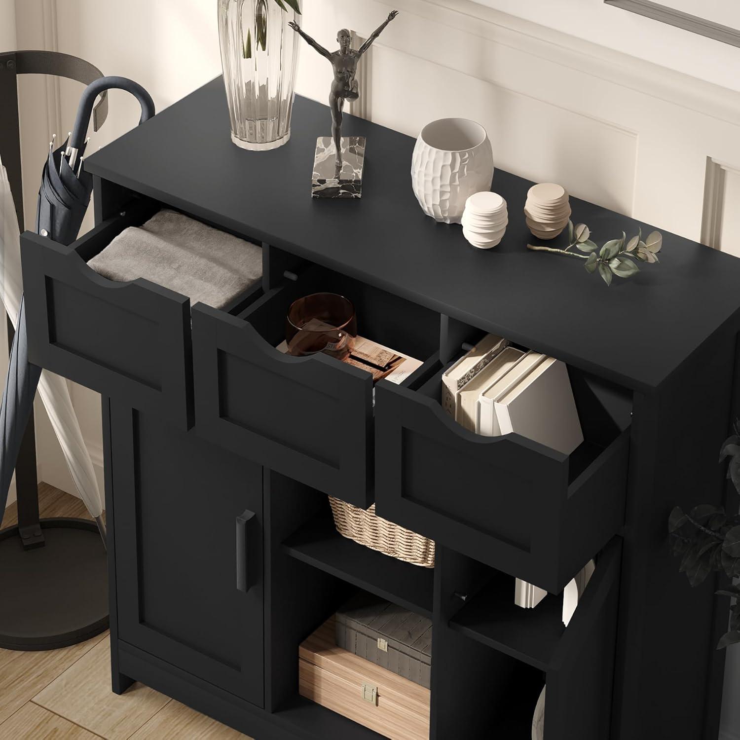 Black Storage Cabinets, Wooden Floor Cabinet,Coffee Bar Cabinet with 3 Drawers and 2 Doors,Free-Standing Cupboard for Kitchen,Living Room,Bathroom Diningroom