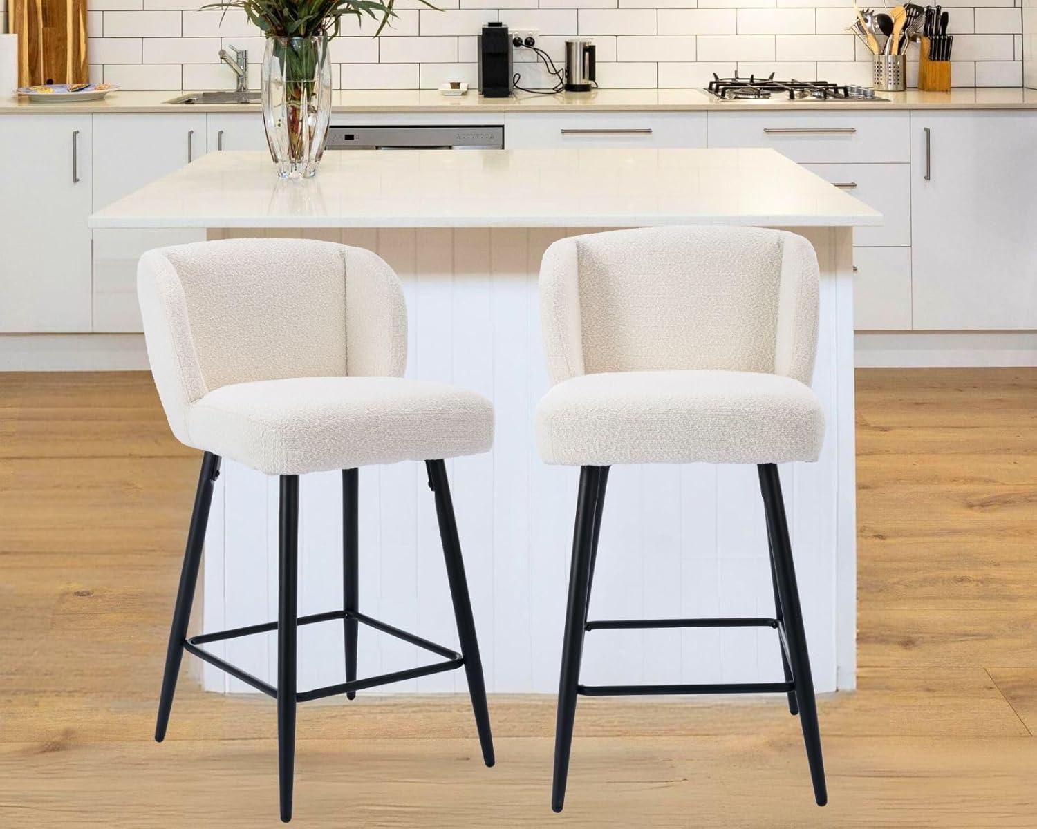 Modern White Sherpa Upholstered Counter Stools with Black Metal Legs, Set of 2