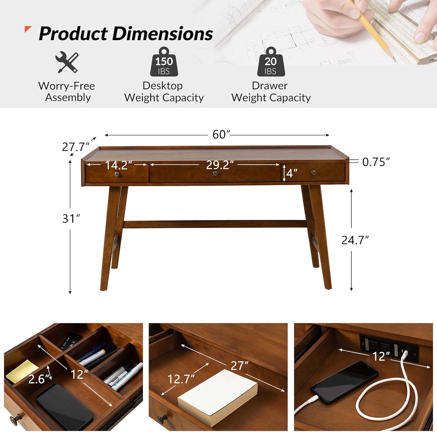 Walnut Mid-Century Modern Desk with Acorn Rubber Wood Legs and Power Outlet